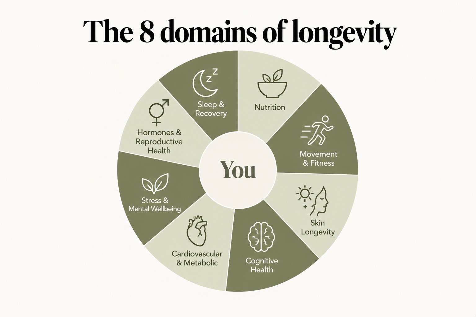 Wheel diagram, the 8 domains of longevity around "You": Sleep & Recovery, Nutrition, Movement & Fitness, Skin Longevity, Cognitive Health, Cardiovascular & Metabolic, Stress & Mental Wellbeing, and Hormones & Reproductive Health