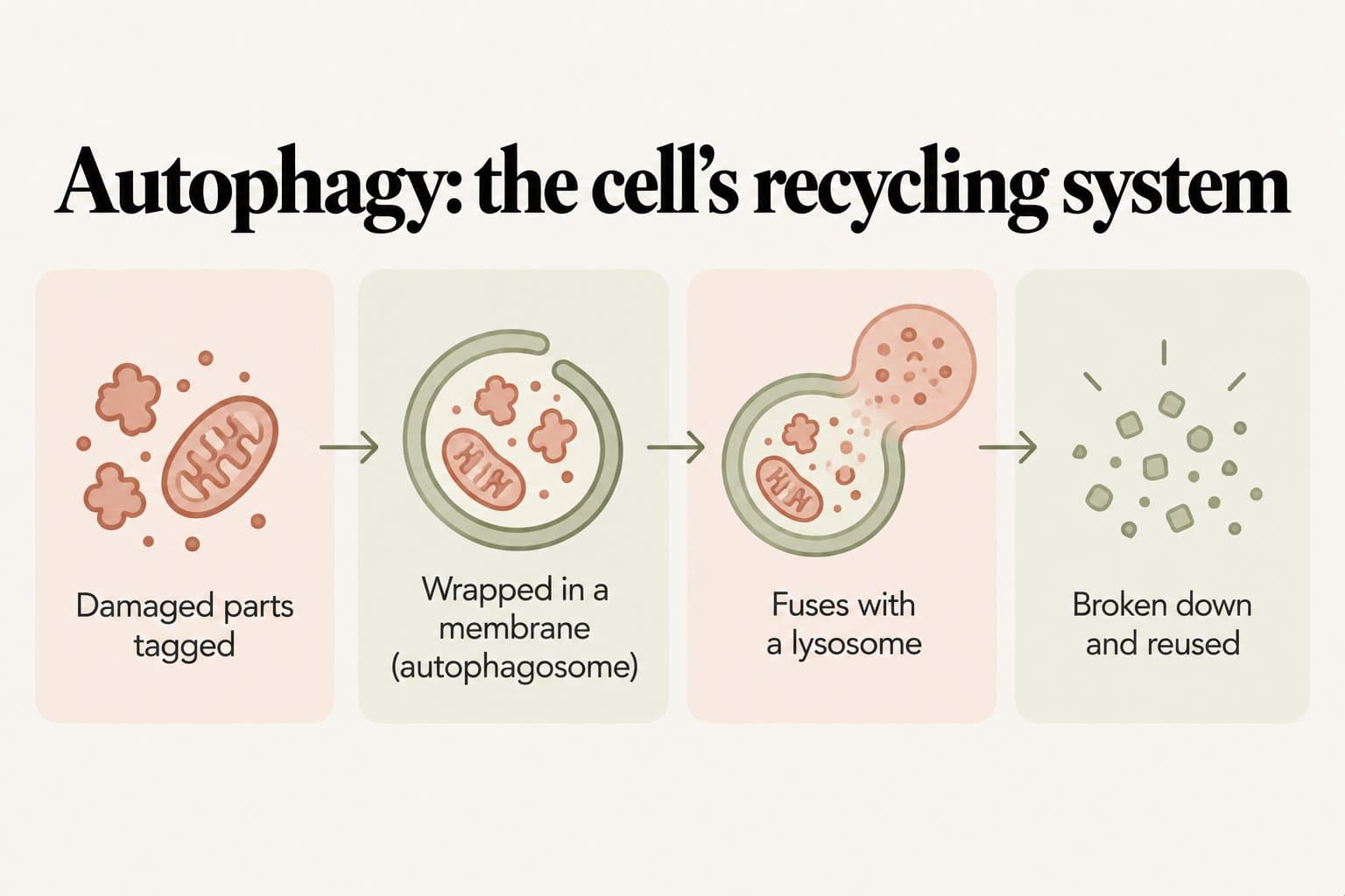 Step-by-step diagram, autophagy: the cell's recycling system. Damaged parts are tagged, wrapped in a membrane (autophagosome), fused with a lysosome, then broken down and reused