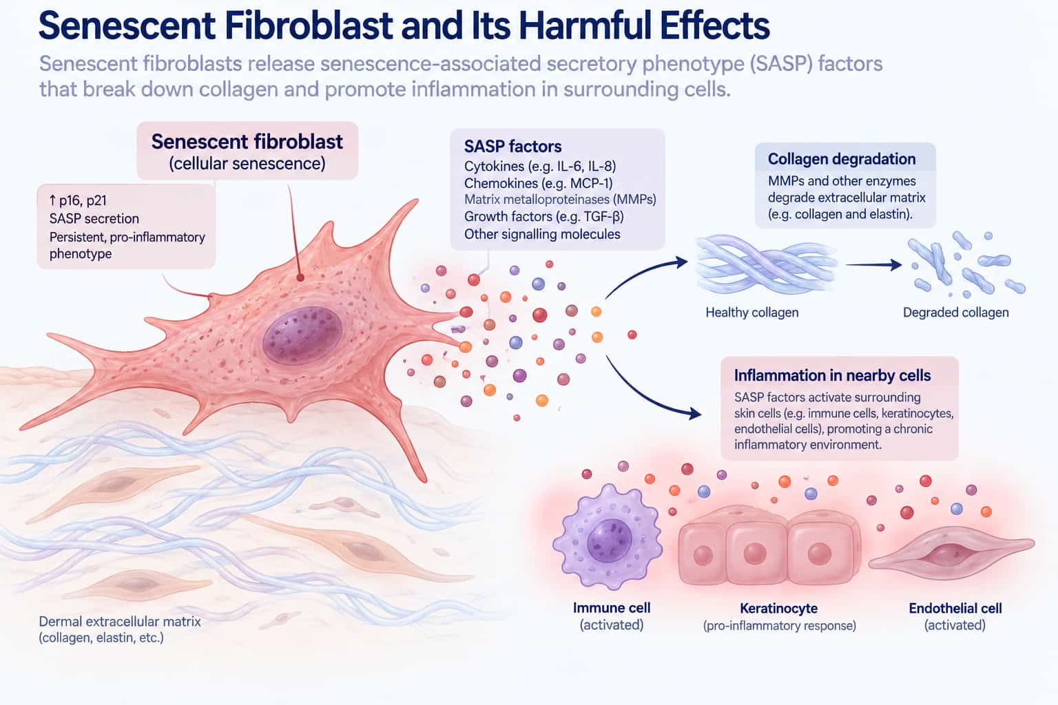 A diagram showing a senescent fibroblast releasing SASP factors that degrade surrounding collagen and promote inflammation in nearby cells