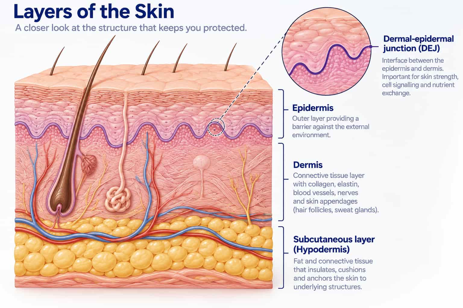 A cross-sectional diagram of skin showing the epidermis, dermis, and subcutaneous layers, with the dermal-epidermal junction highlighted