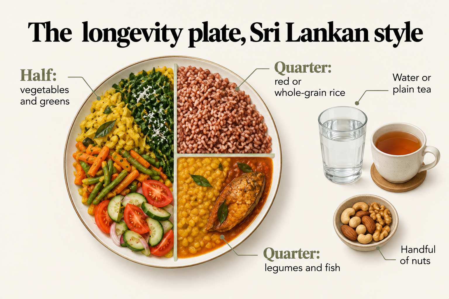 Plate diagram, the longevity plate, Sri Lankan style: half vegetables and greens, a quarter red or whole-grain rice and a quarter legumes and fish, with water or plain tea and a handful of nuts alongside