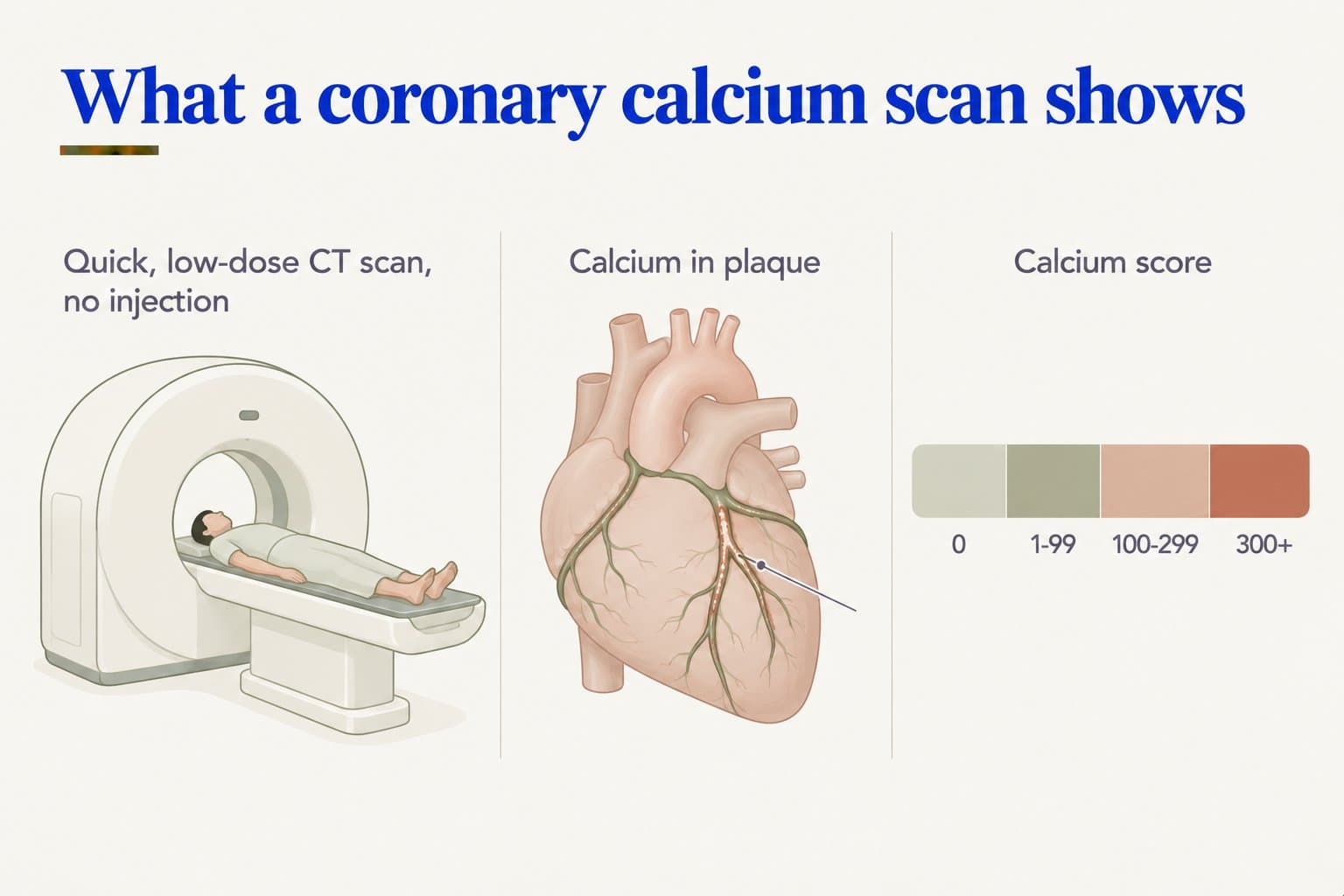 Diagram, what a coronary calcium scan shows: a quick, low-dose CT scan with no injection, calcium in plaque highlighted in the heart's coronary arteries, and a calcium score scale of 0, 1-99, 100-299 and 300+