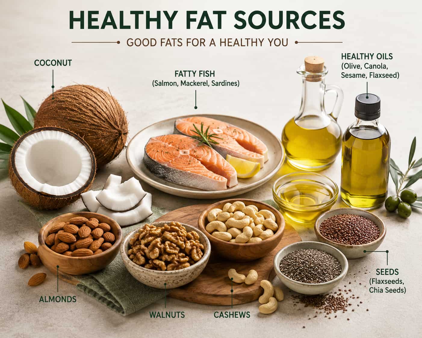 Variety of fat sources — coconut, fish, nuts, oils — arranged together