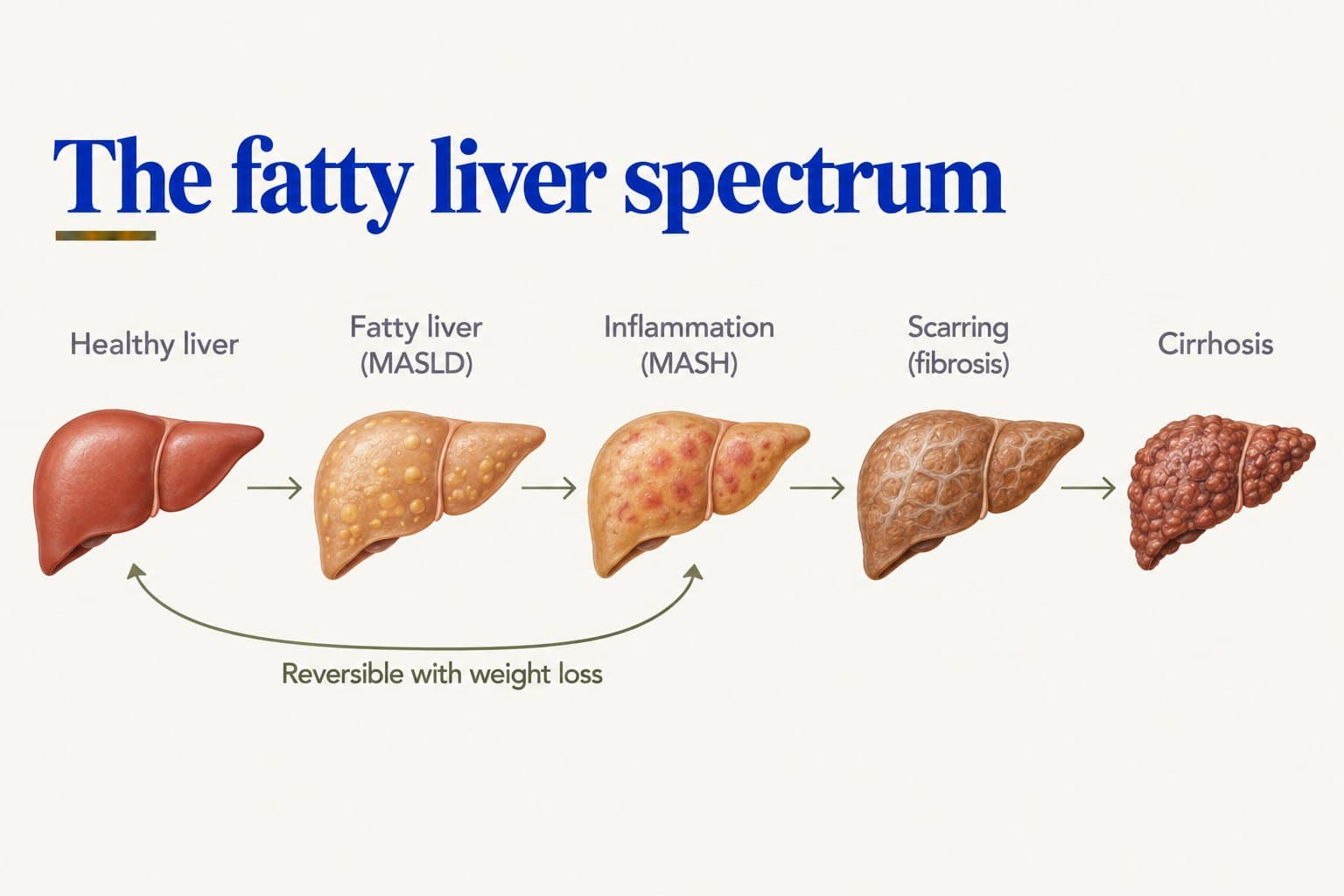 Illustration of the fatty liver spectrum: healthy liver, fatty liver (MASLD), inflammation (MASH), scarring (fibrosis) and cirrhosis, with an arrow showing that the early stages are reversible with weight loss