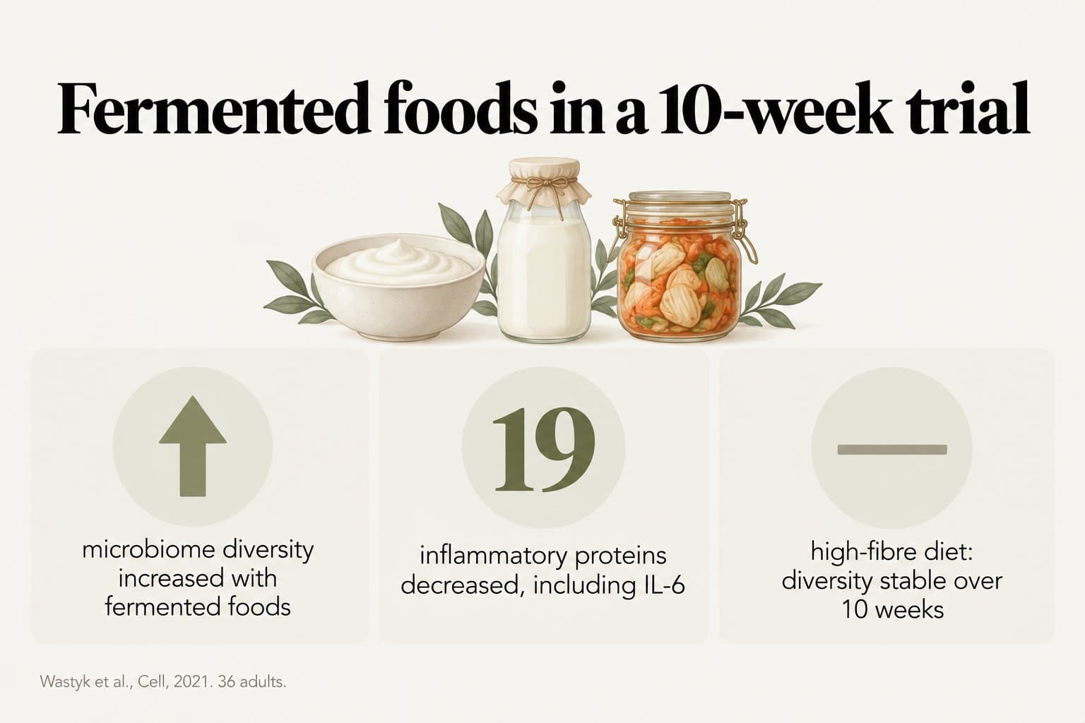 Stat tiles, fermented foods in a 10-week trial: microbiome diversity increased with fermented foods, 19 inflammatory proteins decreased including IL-6, and on a high-fibre diet diversity stayed stable over 10 weeks (Wastyk et al., Cell, 2021, 36 adults)