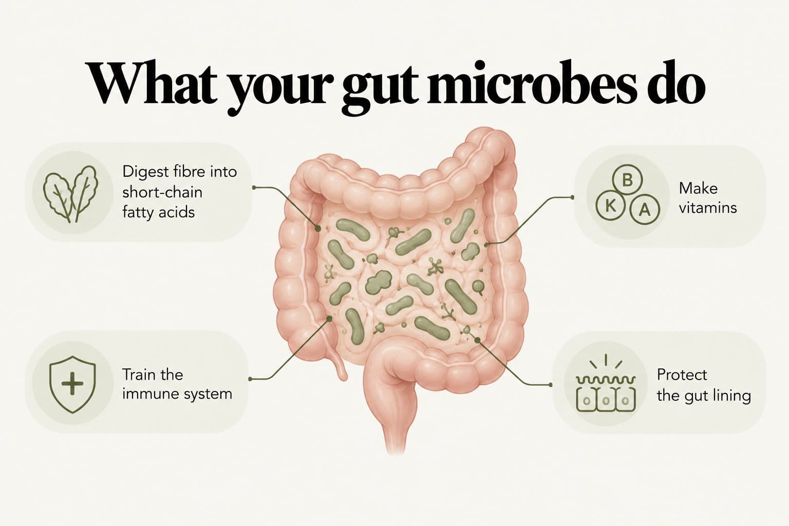 Illustration, what your gut microbes do: microbes in the large intestine digest fibre into short-chain fatty acids, make vitamins, train the immune system and protect the gut lining