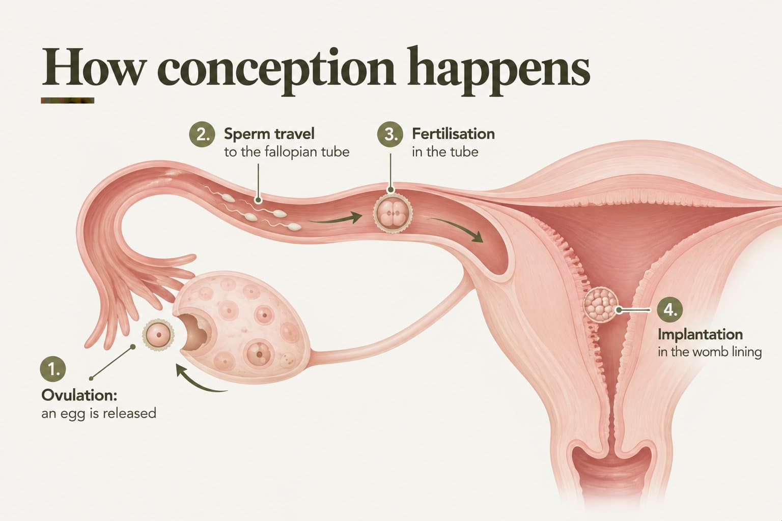 Illustration, how conception happens: 1. ovulation, an egg is released; 2. sperm travel to the fallopian tube; 3. fertilisation in the tube; 4. implantation in the womb lining