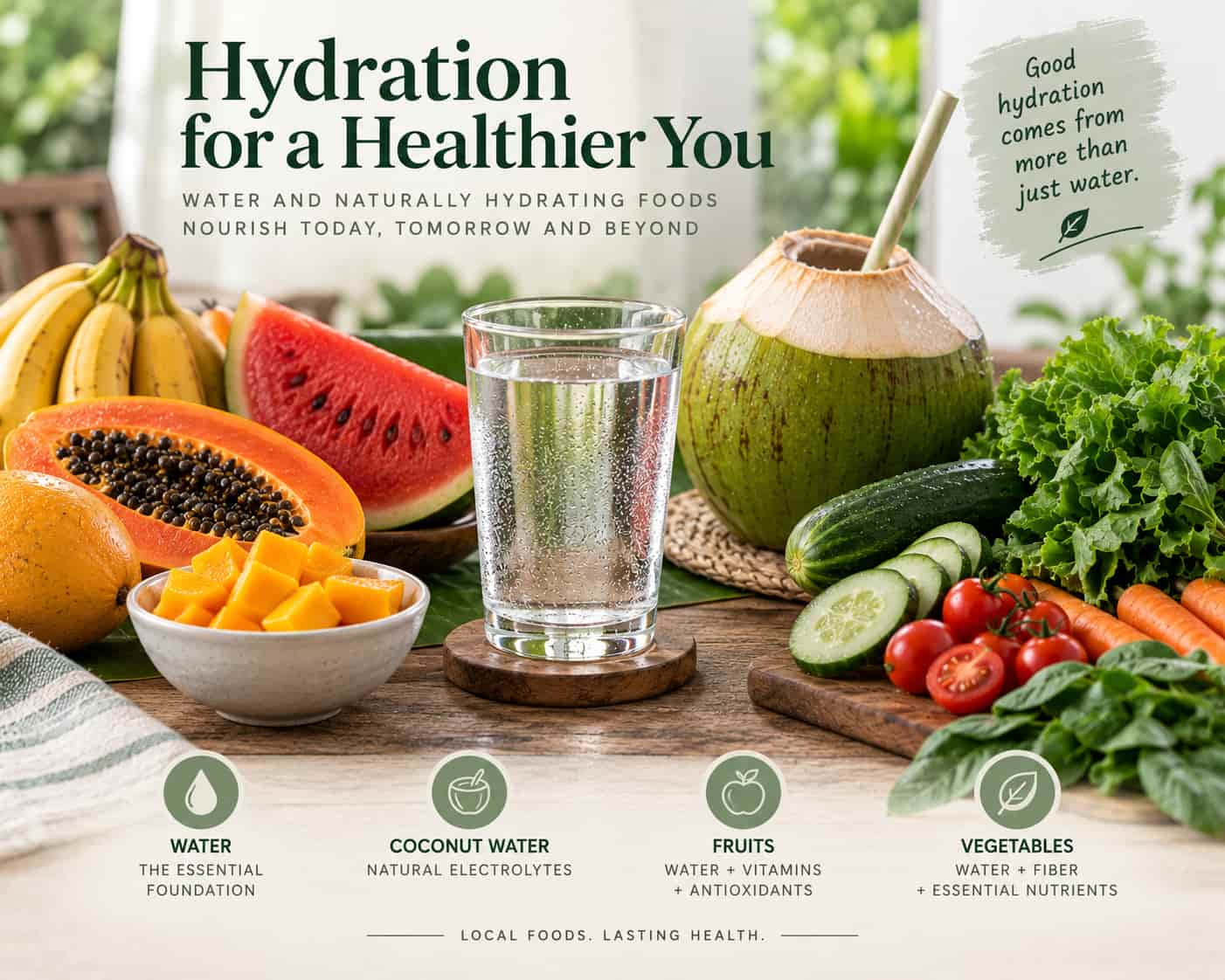 A glass of water alongside naturally hydrating foods — fruit, coconut water, vegetables