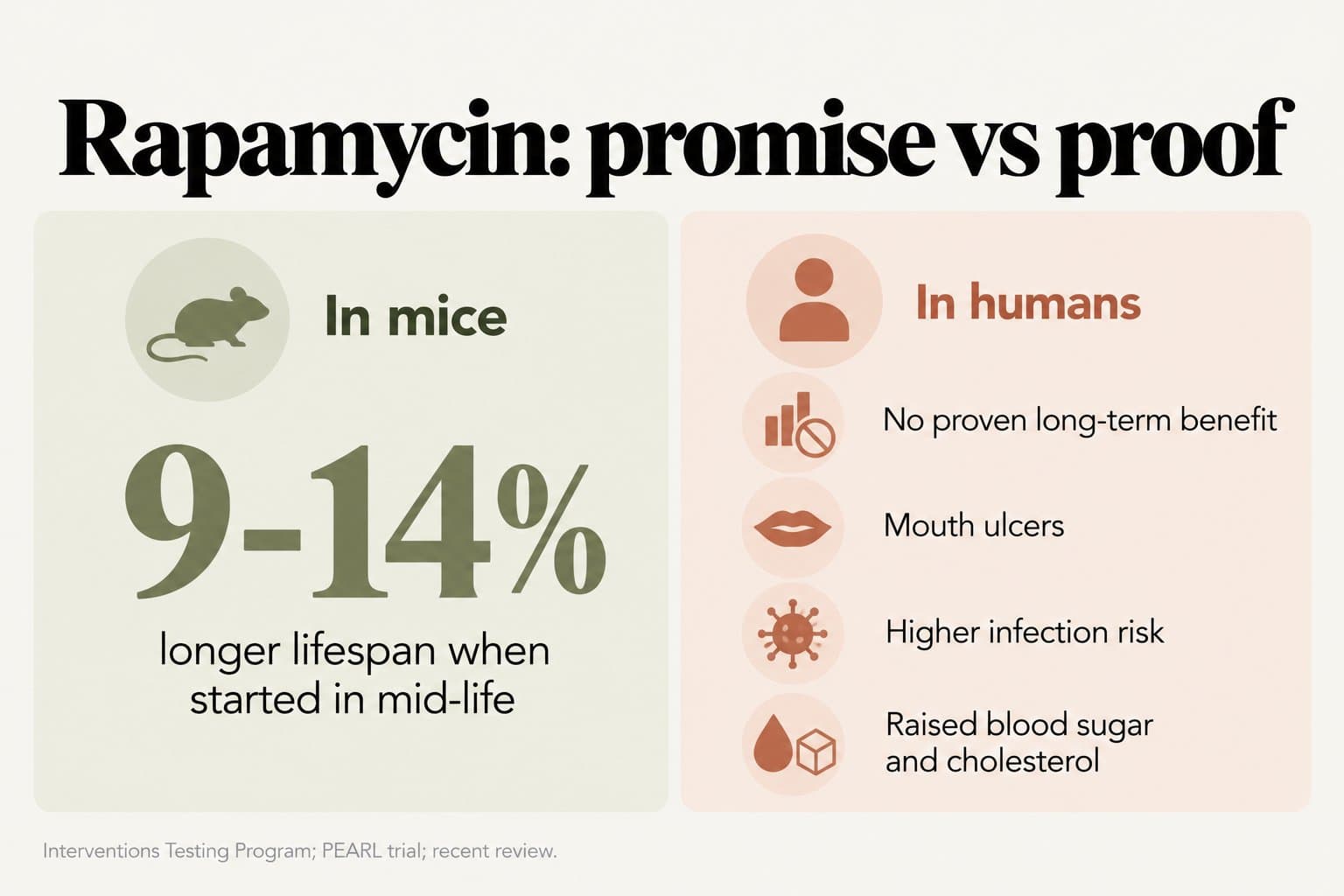 Two-column panel, rapamycin: promise vs proof. In mice, 9-14% longer lifespan when started in mid-life; in humans, no proven long-term benefit, plus mouth ulcers, higher infection risk and raised blood sugar and cholesterol (Interventions Testing Program; PEARL trial; recent review)