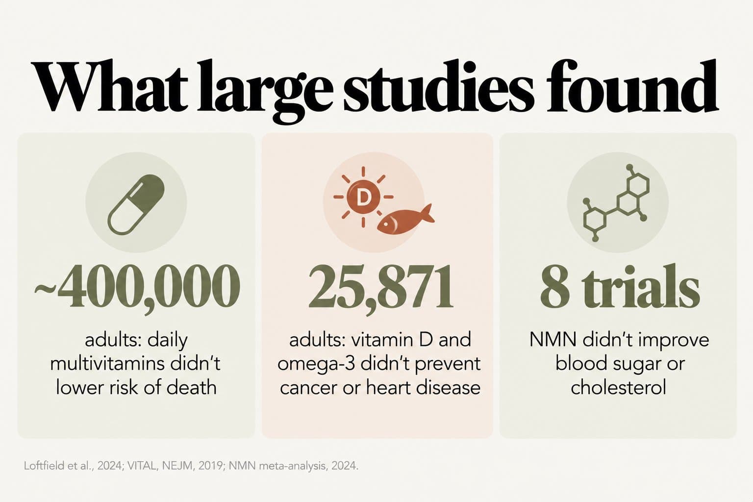 Stat tiles, what large studies found: among about 400,000 adults, daily multivitamins didn't lower risk of death; among 25,871 adults, vitamin D and omega-3 didn't prevent cancer or heart disease; and across 8 trials, NMN didn't improve blood sugar or cholesterol (Loftfield et al., 2024; VITAL, NEJM, 2019; NMN meta-analysis, 2024)