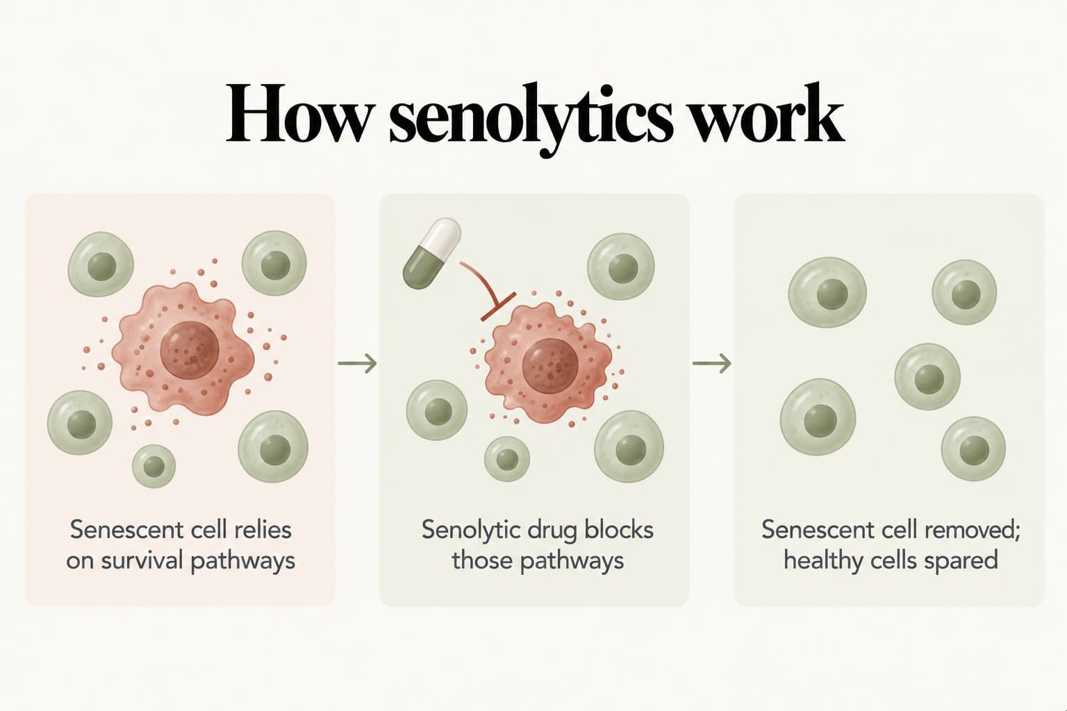 Three-panel diagram, how senolytics work: a senescent cell relies on survival pathways, a senolytic drug blocks those pathways, and the senescent cell is removed while healthy cells are spared