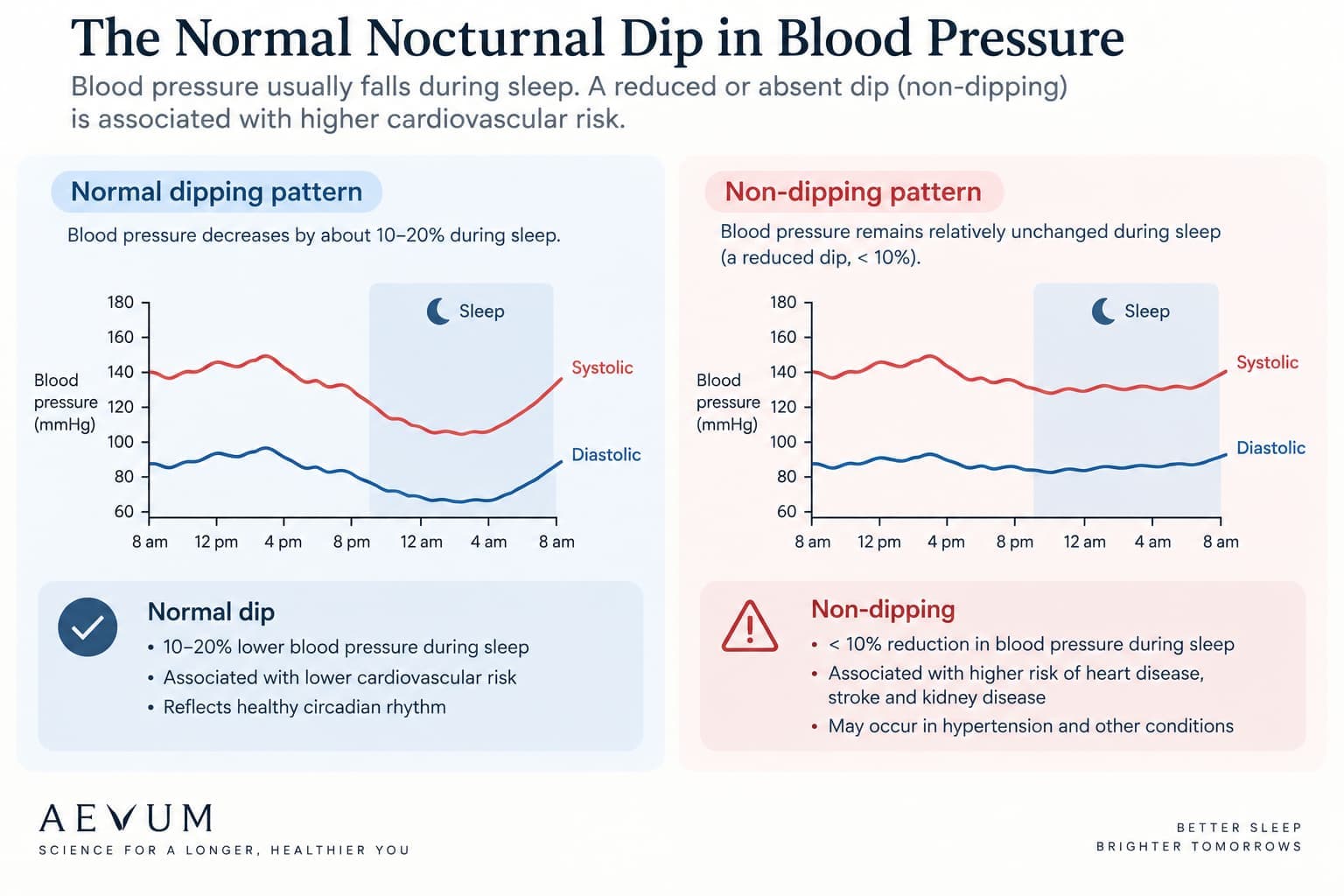 A diagram showing normal nocturnal blood pressure dipping versus a flattened non-dipping pattern