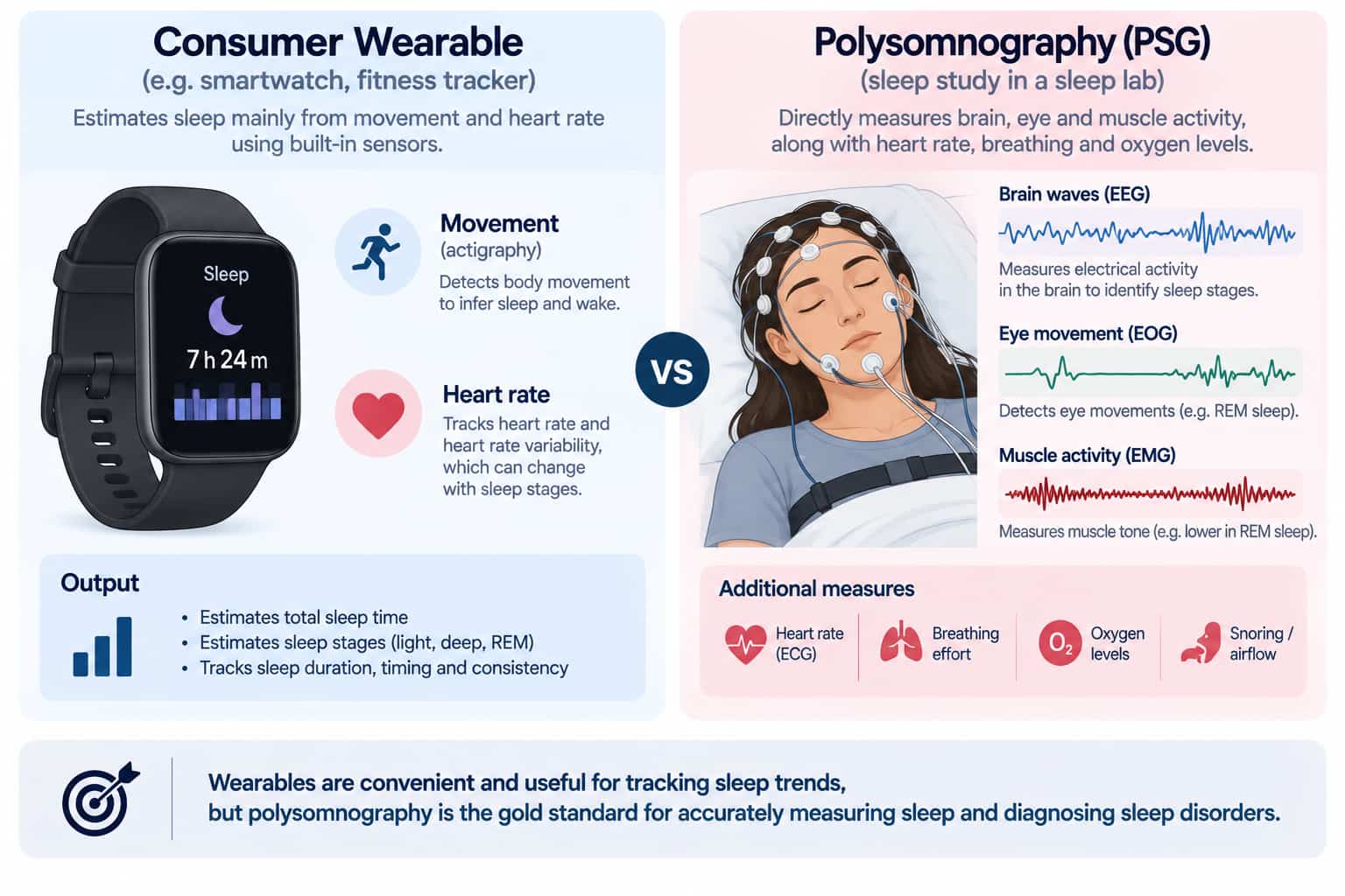 A side-by-side comparison showing what a consumer wearable measures (movement, heart rate) versus what polysomnography measures (brain waves, eye movement, muscle activity)