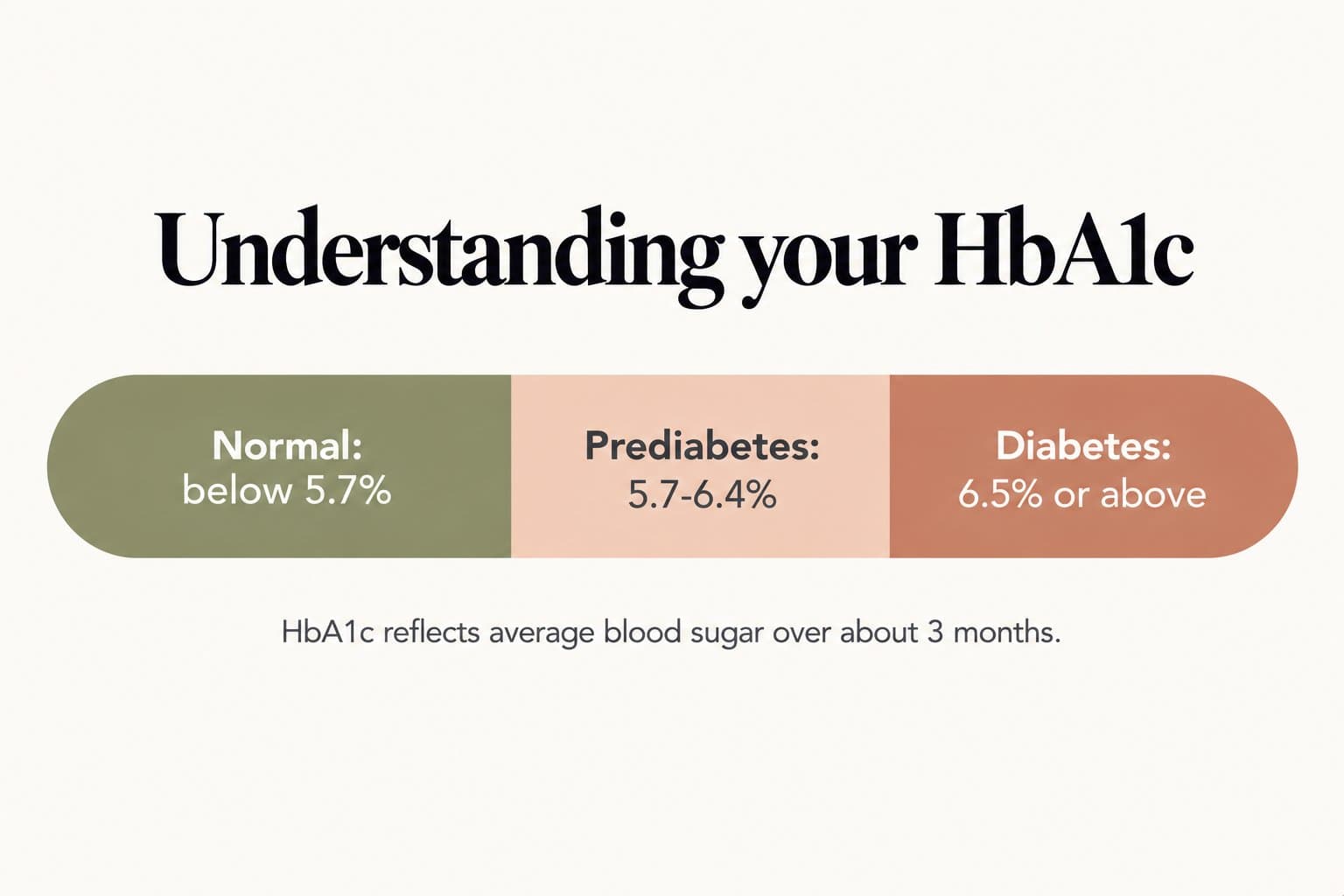 Scale, understanding your HbA1c: normal below 5.7%, prediabetes 5.7-6.4%, diabetes 6.5% or above; HbA1c reflects average blood sugar over about 3 months