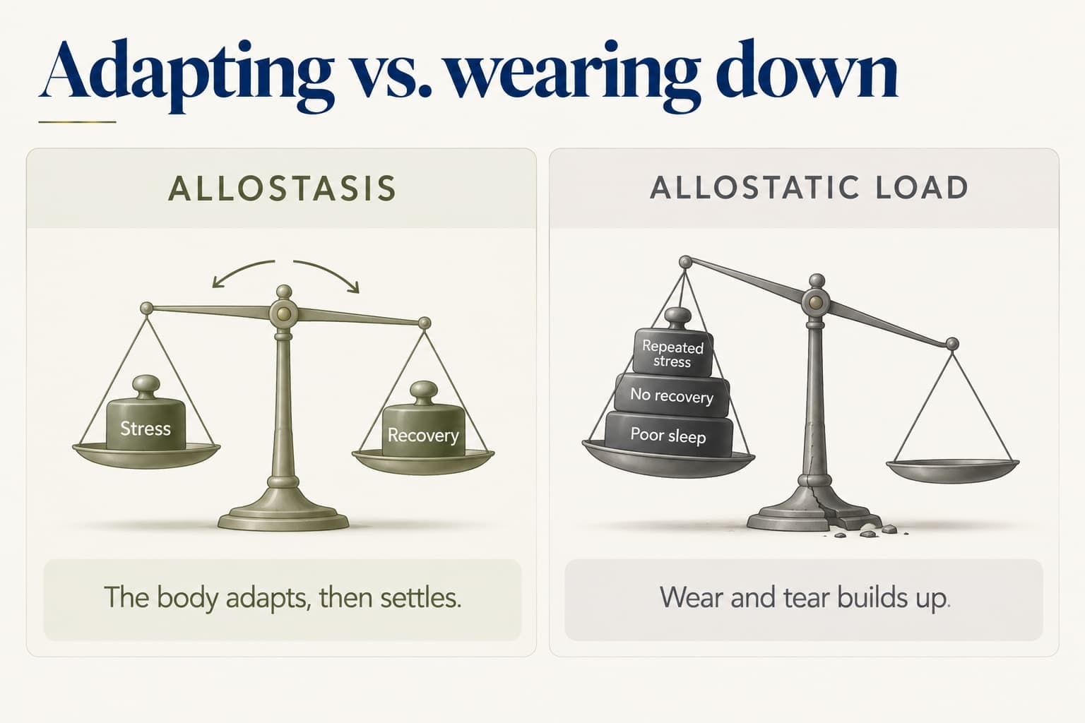Two-panel diagram, adapting vs. wearing down: in allostasis, a balance scale holding stress and recovery tips and returns to level, and the body adapts, then settles; in allostatic load, the scale is stuck tipped under repeated stress, no recovery and poor sleep, with cracks at its base, and wear and tear builds up