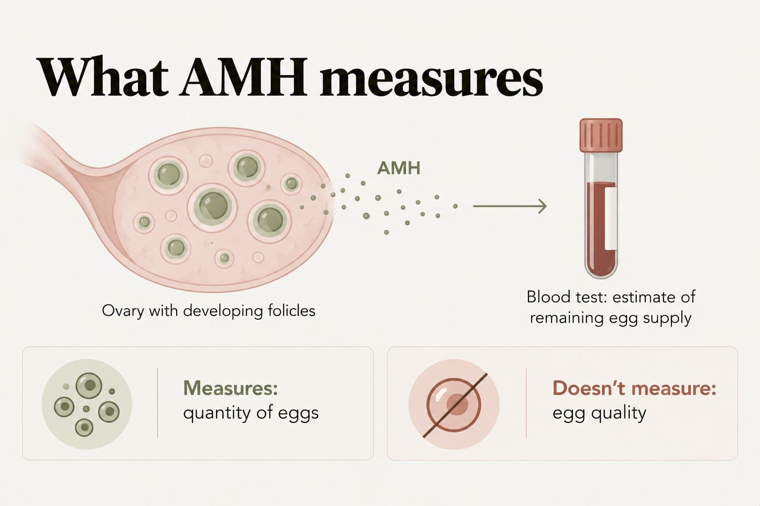 Diagram, what AMH measures: small developing follicles in the ovary release AMH, which a blood test measures as an estimate of remaining egg supply; it measures the quantity of eggs, not egg quality