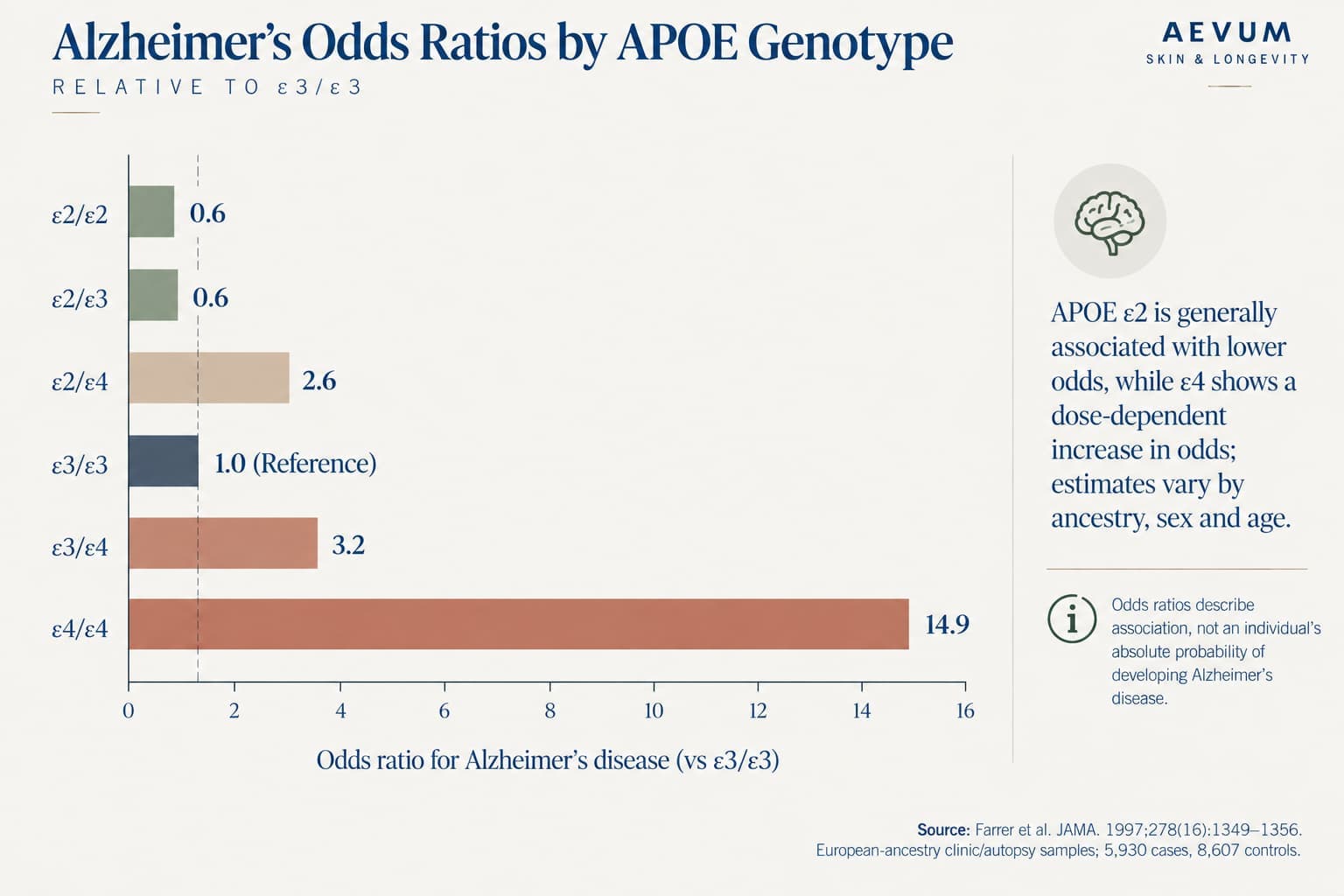 Horizontal bar chart of Alzheimer's odds ratios by APOE genotype relative to ε3/ε3: ε2/ε2 0.6, ε2/ε3 0.6, ε2/ε4 2.6, ε3/ε4 3.2, ε4/ε4 14.9
