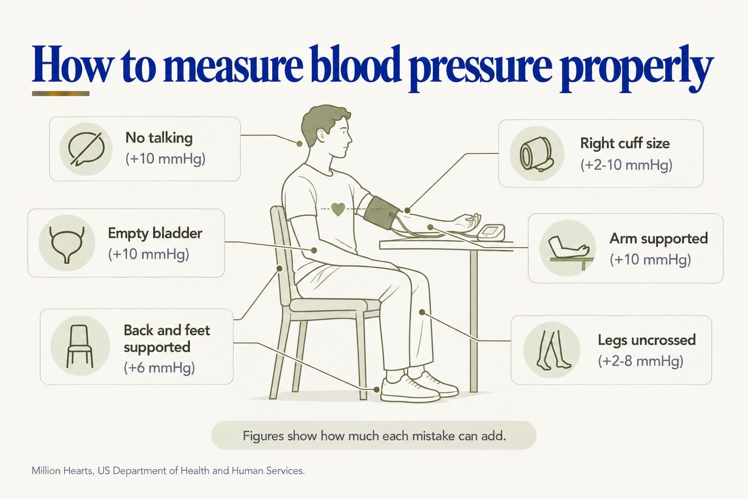 Illustrated checklist, how to measure blood pressure properly: no talking (+10 mmHg), empty bladder (+10 mmHg), back and feet supported (+6 mmHg), right cuff size (+2-10 mmHg), arm supported (+10 mmHg) and legs uncrossed (+2-8 mmHg); figures show how much each mistake can add (Million Hearts, US Department of Health and Human Services)