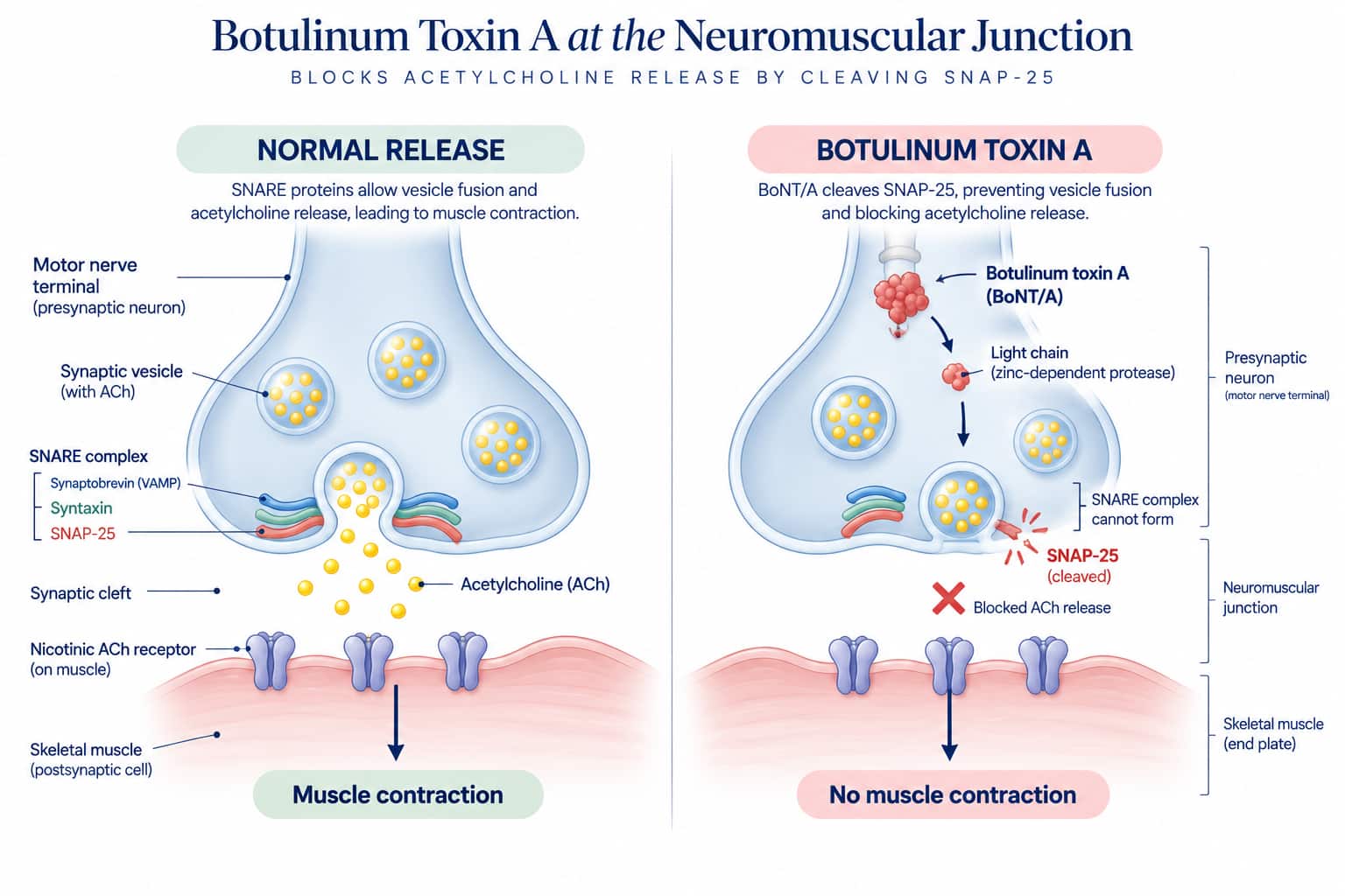 A diagram showing botulinum toxin cleaving SNAP-25 at the neuromuscular junction, blocking acetylcholine release and preventing muscle contraction
