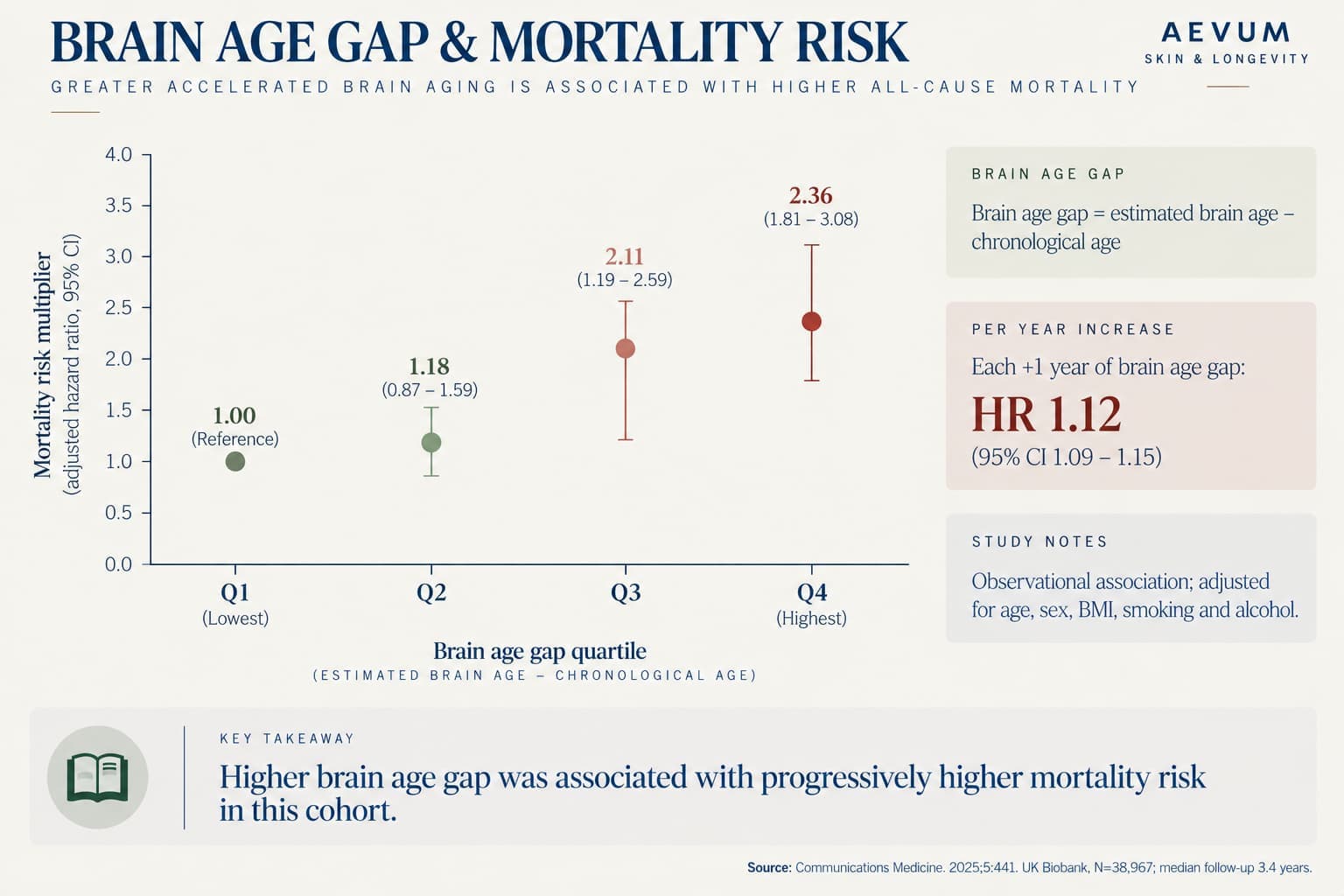 Chart showing mortality risk multiplier rising progressively across brain age gap quartiles, from 1.00 in the lowest quartile to 2.36 in the highest, with a per-year hazard ratio of 1.12