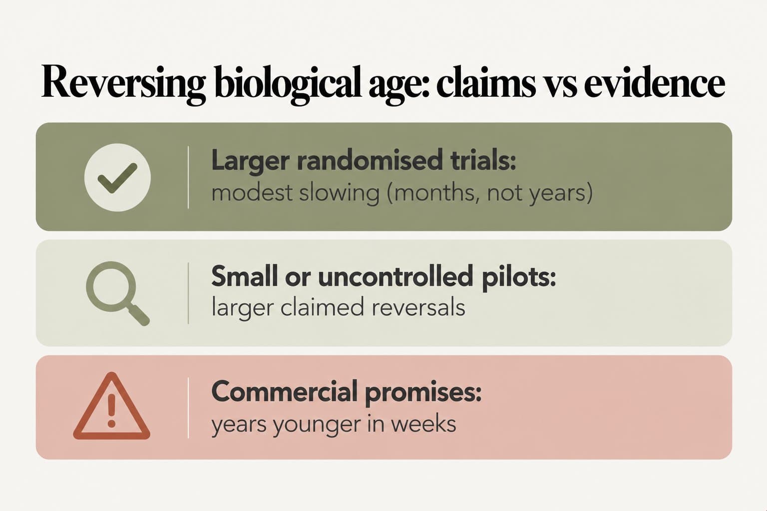 Evidence ladder, reversing biological age: claims vs evidence. Larger randomised trials show modest slowing (months, not years); small or uncontrolled pilots report larger claimed reversals; commercial promises claim years younger in weeks