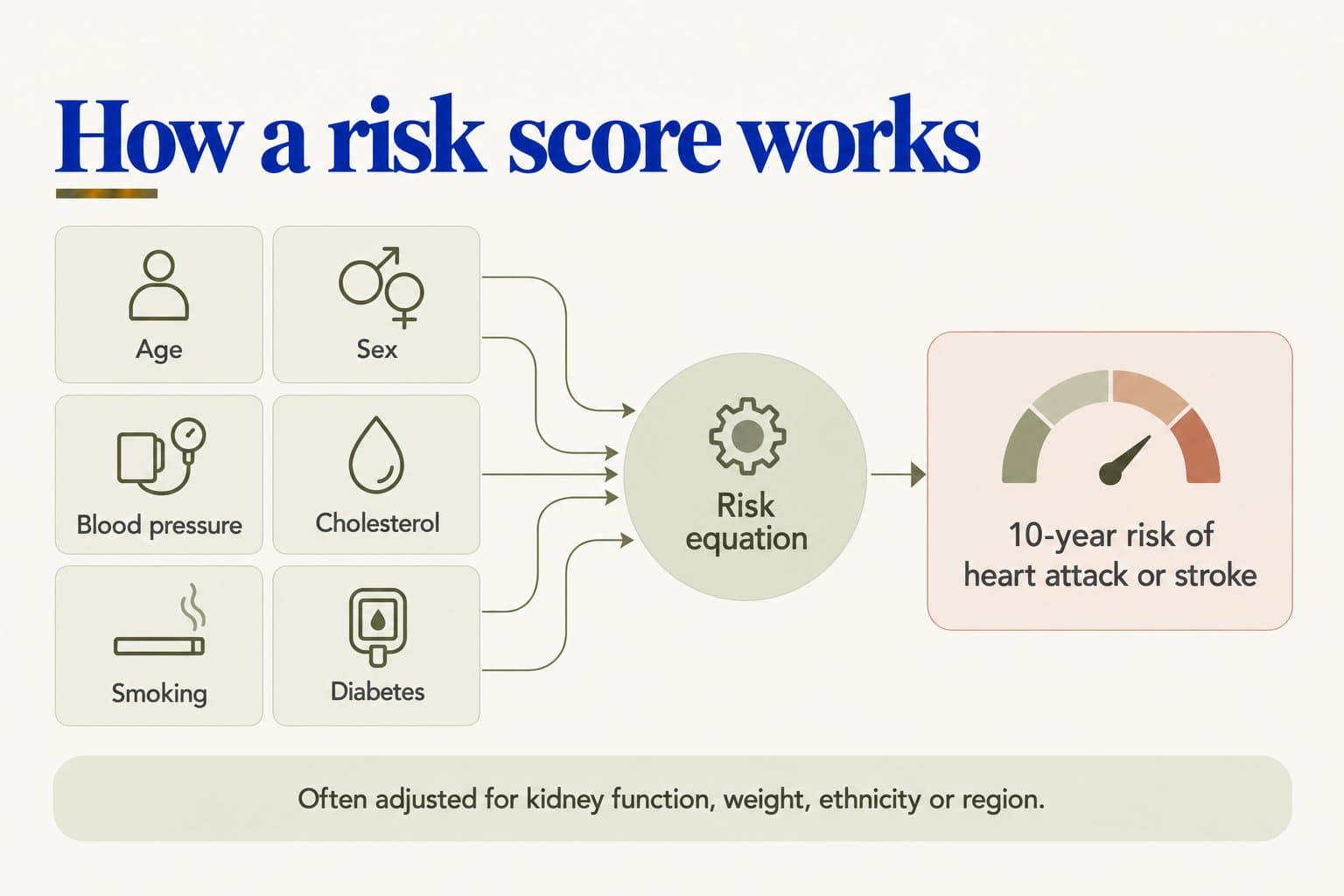 Flow diagram, how a risk score works: age, sex, blood pressure, cholesterol, smoking and diabetes feed into a risk equation that produces a 10-year risk of heart attack or stroke, often adjusted for kidney function, weight, ethnicity or region