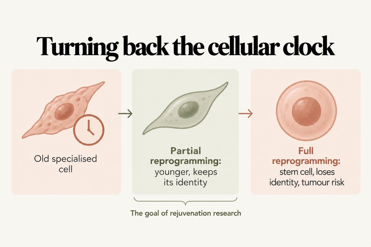Spectrum diagram, turning back the cellular clock: an old specialised cell; partial reprogramming makes it younger while it keeps its identity, the goal of rejuvenation research; full reprogramming turns it into a stem cell that loses its identity and carries a tumour risk