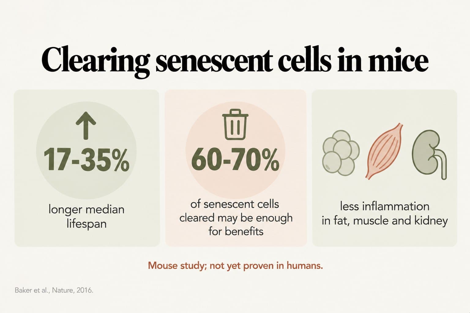 Stat tiles, clearing senescent cells in mice: 17-35% longer median lifespan, clearing 60-70% of senescent cells may be enough for benefits, and less inflammation in fat, muscle and kidney; mouse study, not yet proven in humans (Baker et al., Nature, 2016)