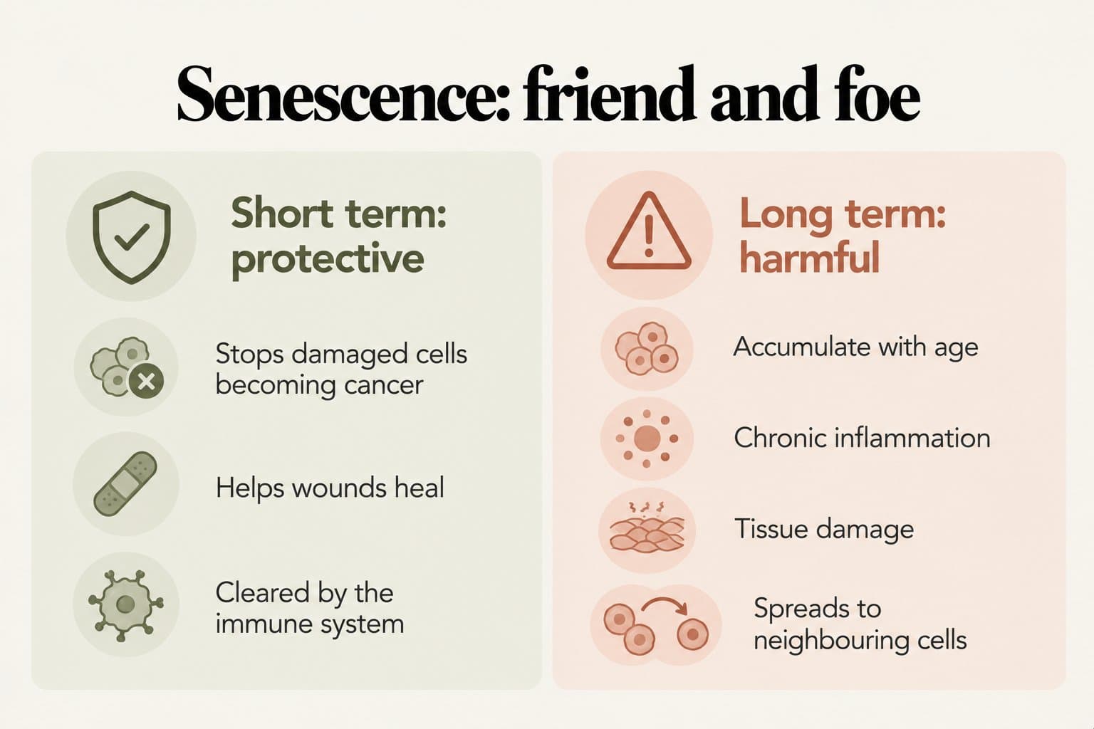 Two-column infographic, senescence: friend and foe. Short term, protective: stops damaged cells becoming cancer, helps wounds heal, cleared by the immune system. Long term, harmful: accumulate with age, chronic inflammation, tissue damage, spreads to neighbouring cells