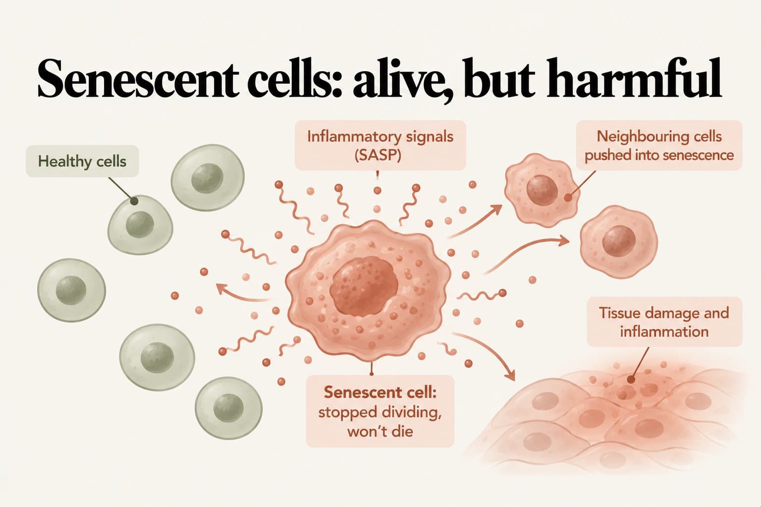 Diagram, senescent cells: alive, but harmful. A senescent cell that has stopped dividing but won't die releases inflammatory signals (SASP), causing tissue damage and inflammation and pushing neighbouring cells into senescence, while healthy cells sit nearby