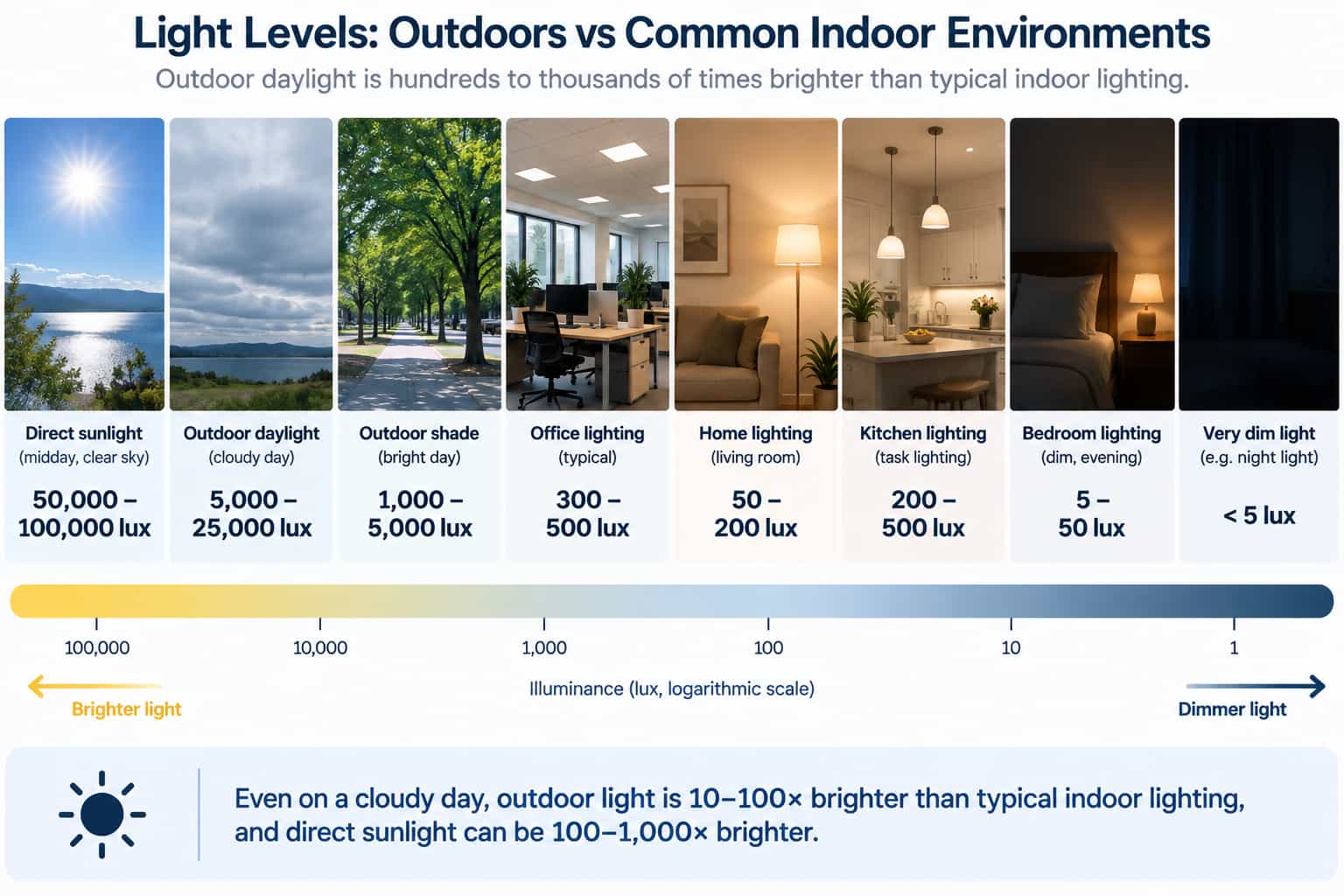 A comparison graphic showing typical lux levels of outdoor daylight versus common indoor lighting environments