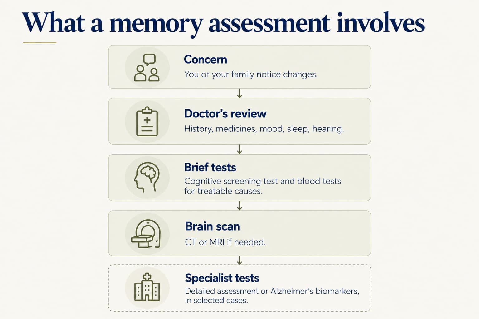 Flow diagram, what a memory assessment involves: concern (you or your family notice changes), doctor's review (history, medicines, mood, sleep, hearing), brief tests (cognitive screening and blood tests for treatable causes), brain scan (CT or MRI if needed), and specialist tests (detailed assessment or Alzheimer's biomarkers, in selected cases)