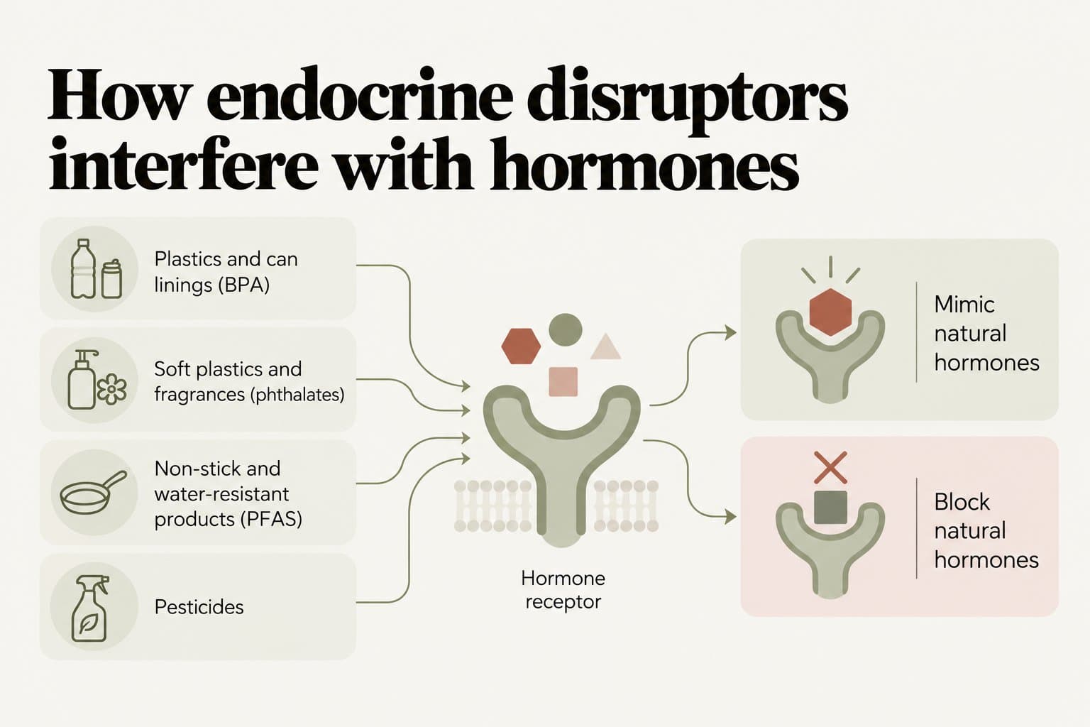 Diagram, how endocrine disruptors interfere with hormones: chemicals from plastics and can linings (BPA), soft plastics and fragrances (phthalates), non-stick and water-resistant products (PFAS) and pesticides reach a hormone receptor, where they can mimic or block natural hormones