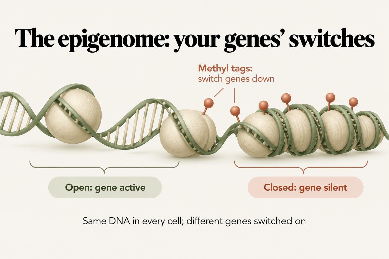 Diagram, the epigenome: your genes' switches. DNA wrapped around histone proteins, loosely wrapped where a gene is open and active and tightly packed with methyl tags where a gene is closed and silent; same DNA in every cell, different genes switched on