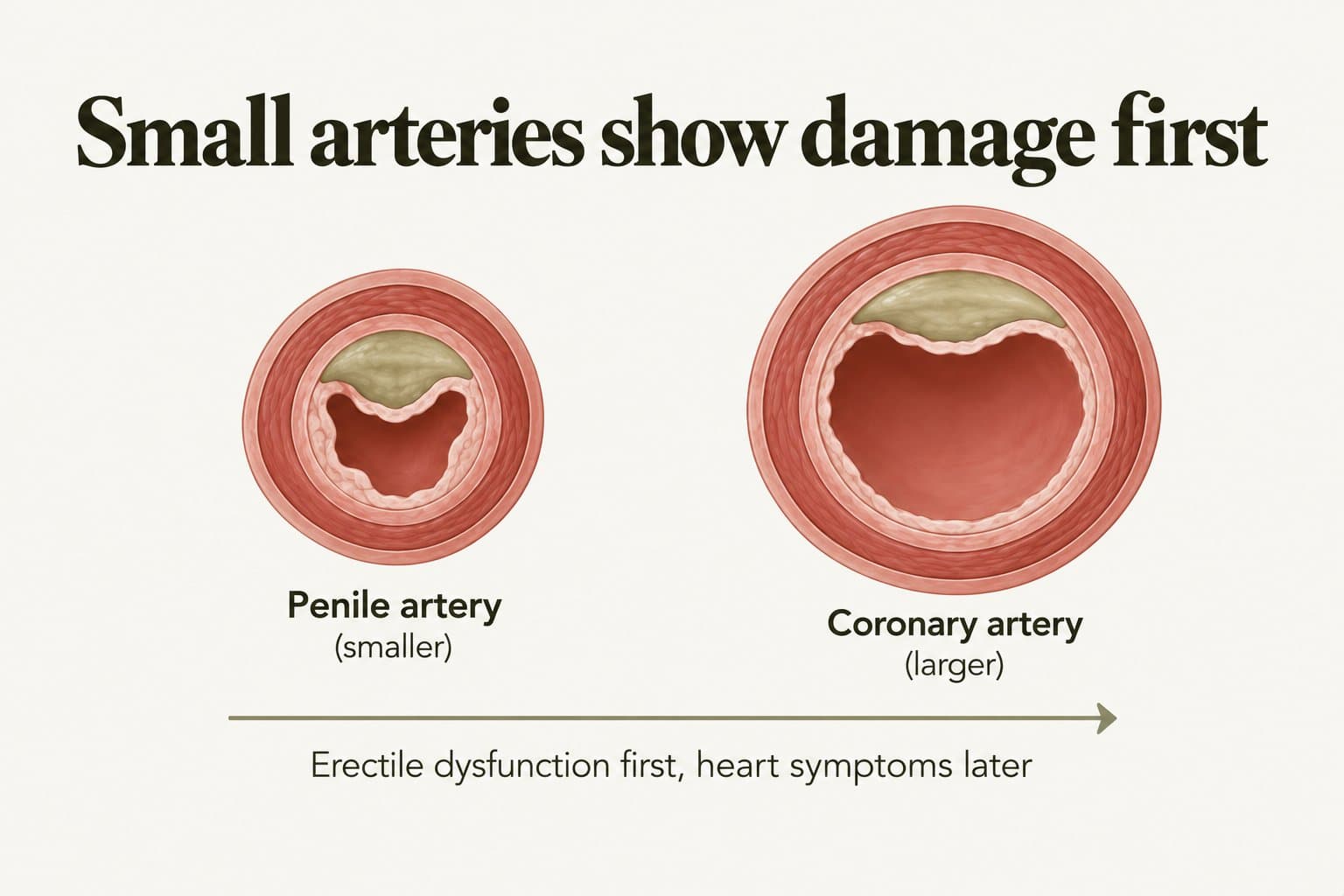 Diagram, small arteries show damage first: the same plaque narrows much of a smaller penile artery while a larger coronary artery stays mostly open, so erectile dysfunction appears first and heart symptoms later