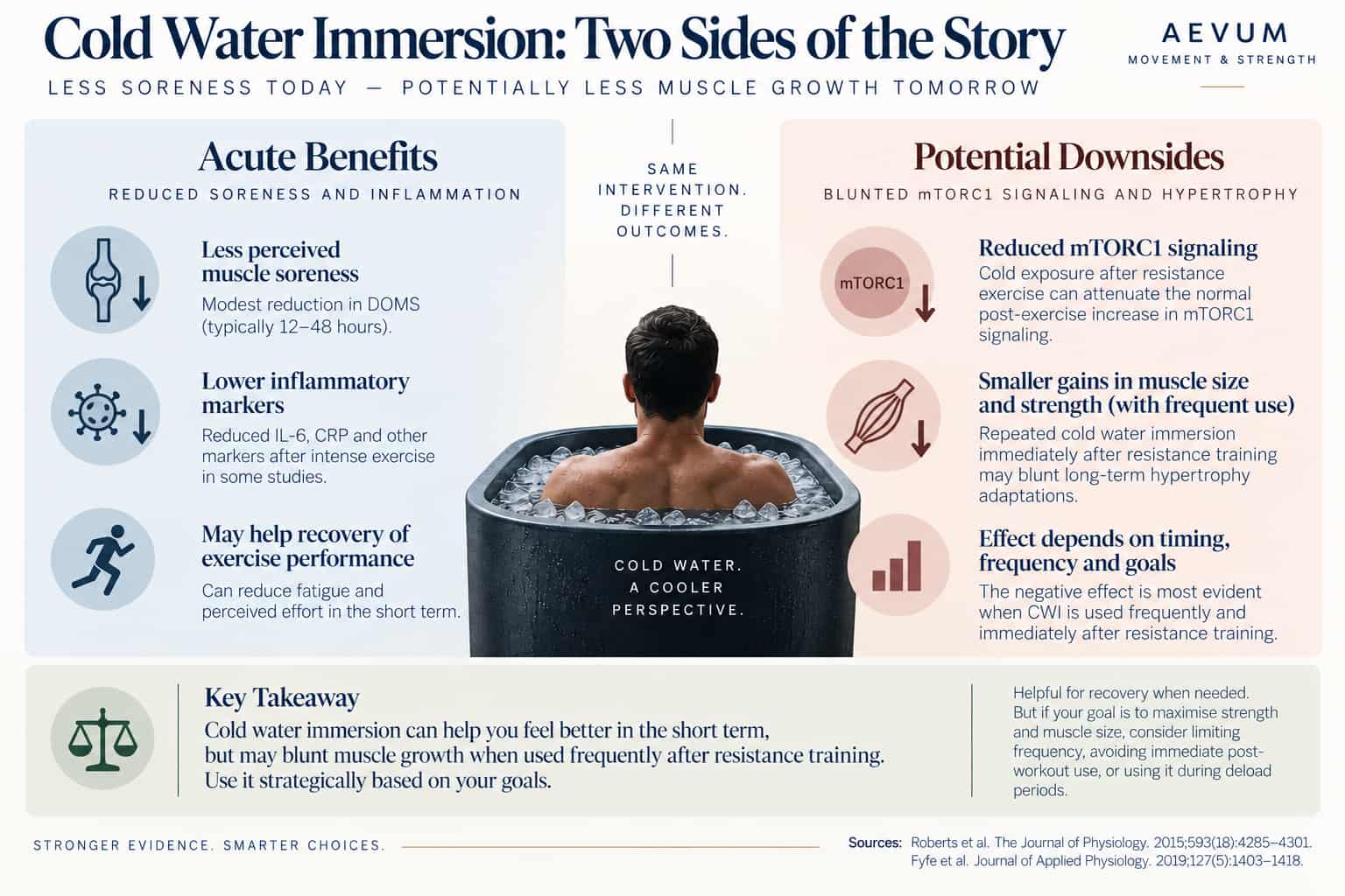 Two-panel diagram showing cold water immersion's dual effect — acute benefits of reduced soreness and inflammation vs. potential downsides of blunted mTORC1 signaling and hypertrophy