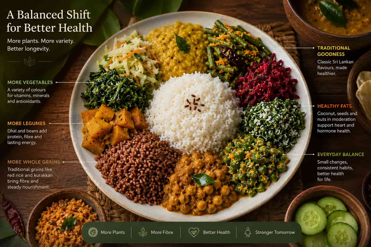 A Sri Lankan plate showing a shift toward more vegetables, legumes, and whole grains alongside rice