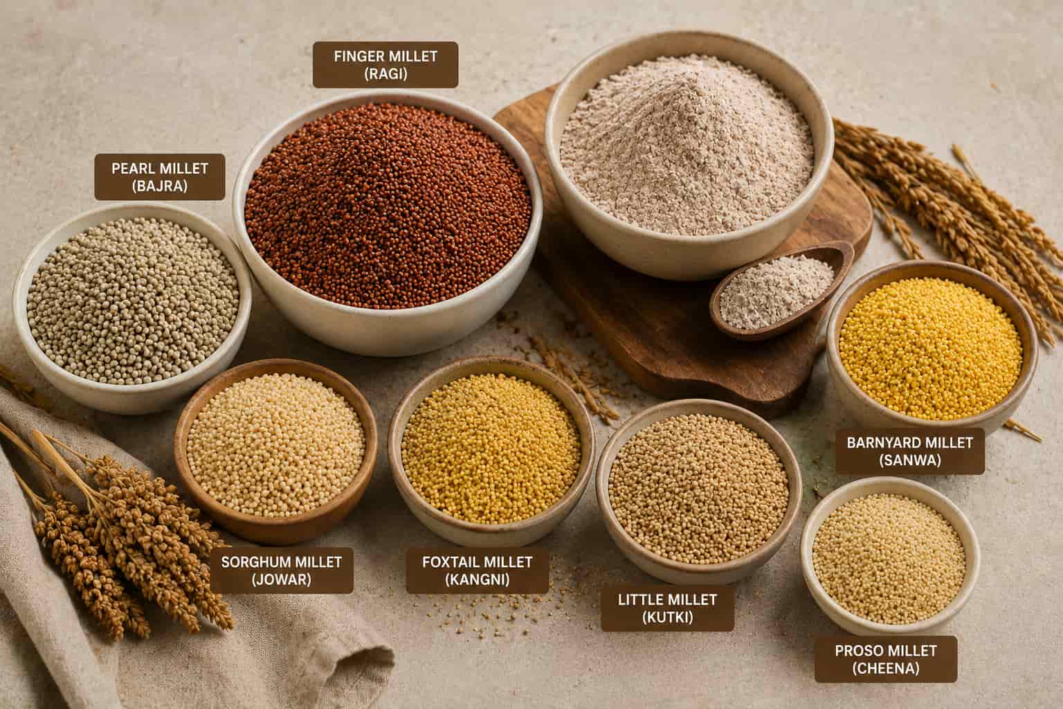 Finger millet grain and flour, plus other millet varieties
