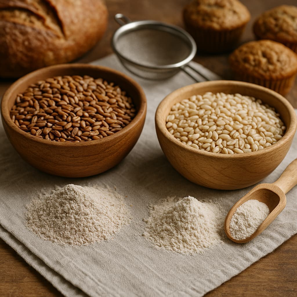 Whole wheat berries, whole wheat flour, and refined white flour