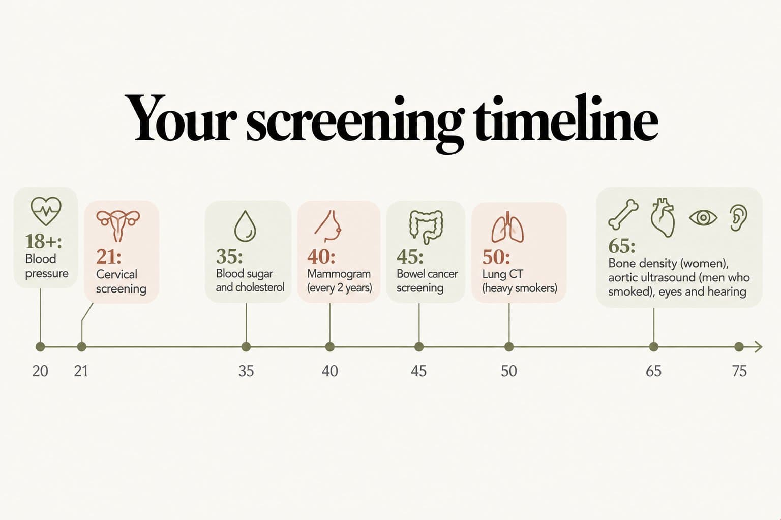 Timeline, your screening timeline: 18+ blood pressure; 21 cervical screening; 35 blood sugar and cholesterol; 40 mammogram every 2 years; 45 bowel cancer screening; 50 lung CT for heavy smokers; 65 bone density for women, aortic ultrasound for men who smoked, eyes and hearing