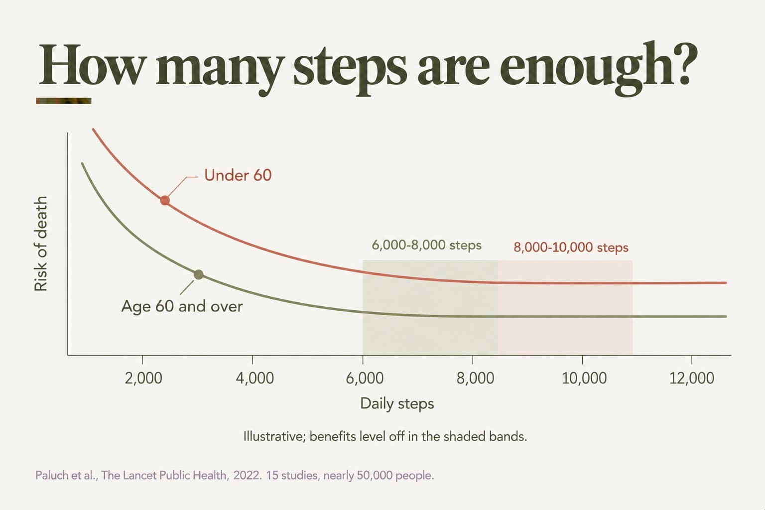 Illustrative line chart, how many steps are enough: risk of death falls as daily steps increase and then levels off, at about 6,000-8,000 steps a day for people aged 60 and over and 8,000-10,000 steps for those under 60 (Paluch et al., The Lancet Public Health, 2022, 15 studies, nearly 50,000 people)