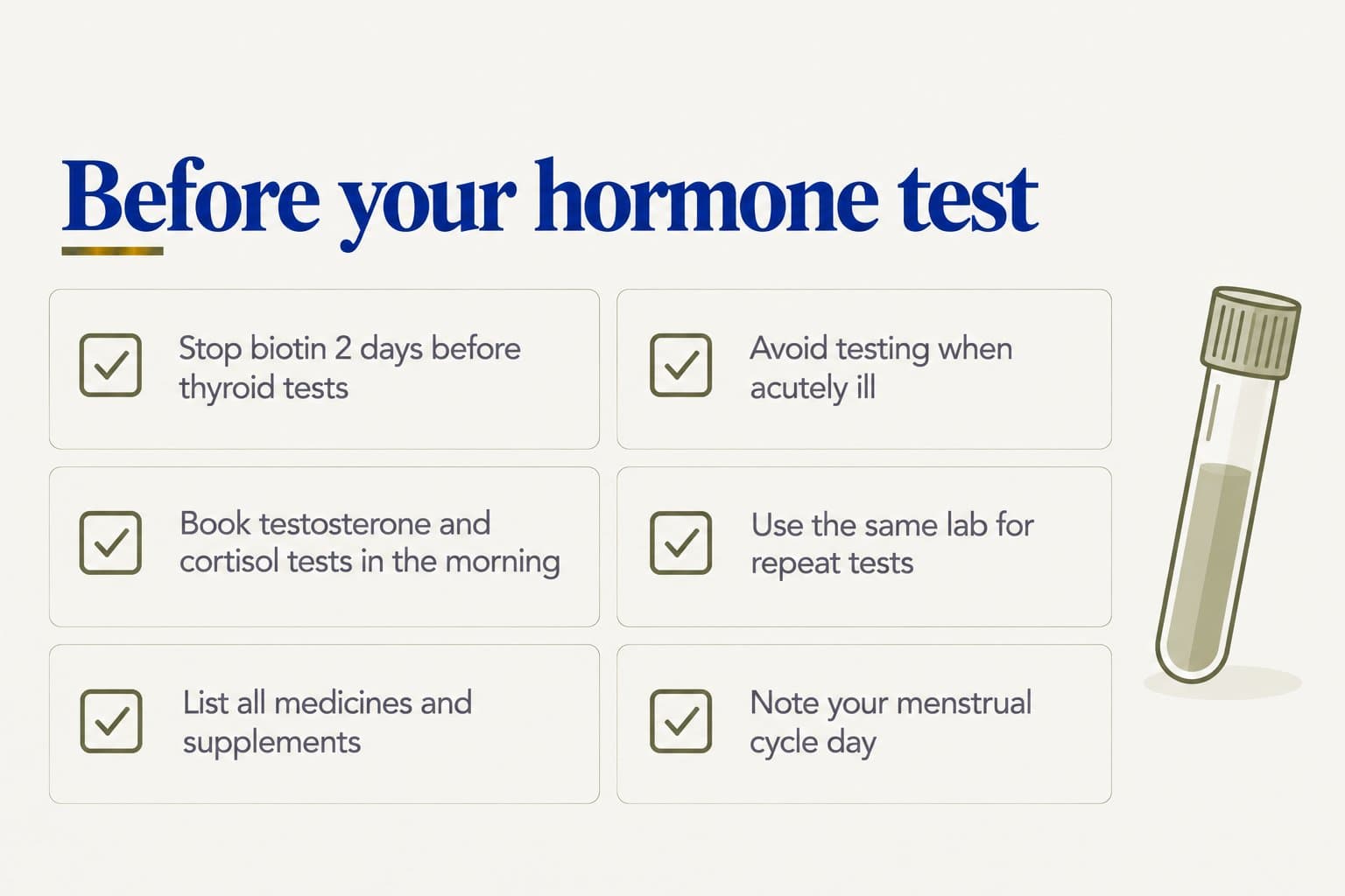 Checklist, before your hormone test: stop biotin 2 days before thyroid tests; book testosterone and cortisol tests in the morning; list all medicines and supplements; avoid testing when acutely ill; use the same lab for repeat tests; note your menstrual cycle day