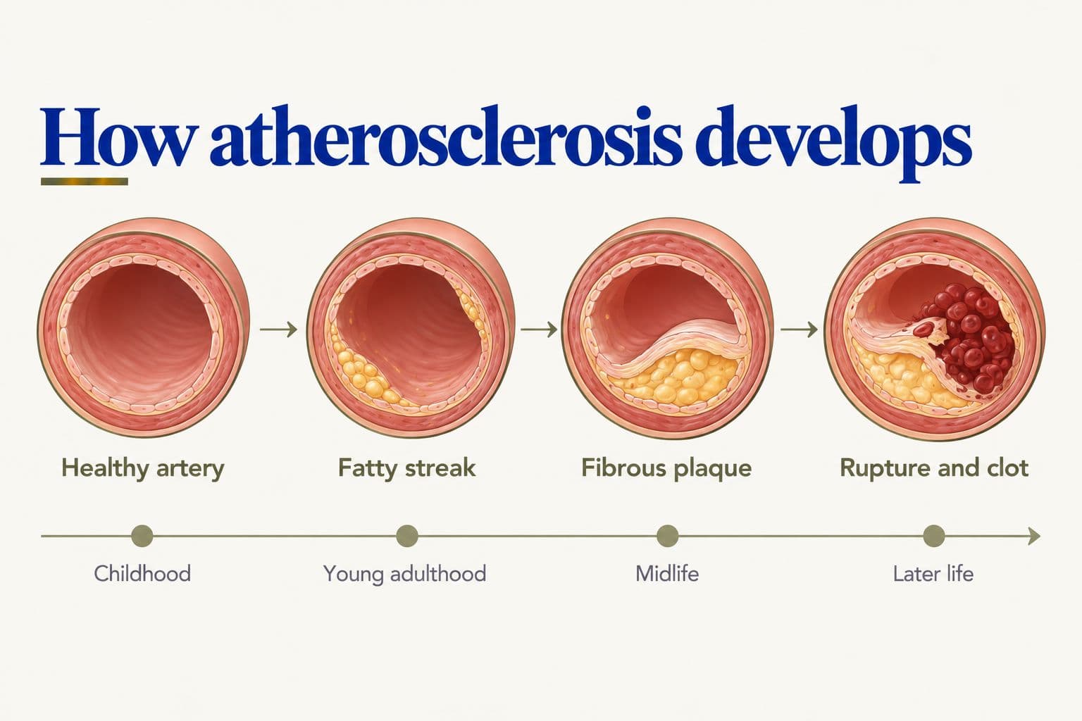 Diagram of how atherosclerosis develops, shown as artery cross-sections along a lifetime timeline: a healthy artery in childhood, a fatty streak in young adulthood, a fibrous plaque in midlife, and plaque rupture with a clot in later life