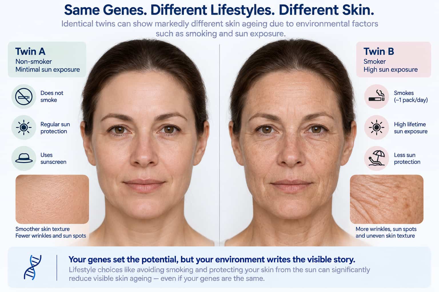 A side-by-side comparison illustrating how identical twins can show meaningfully different visible skin ageing based on smoking and sun exposure history