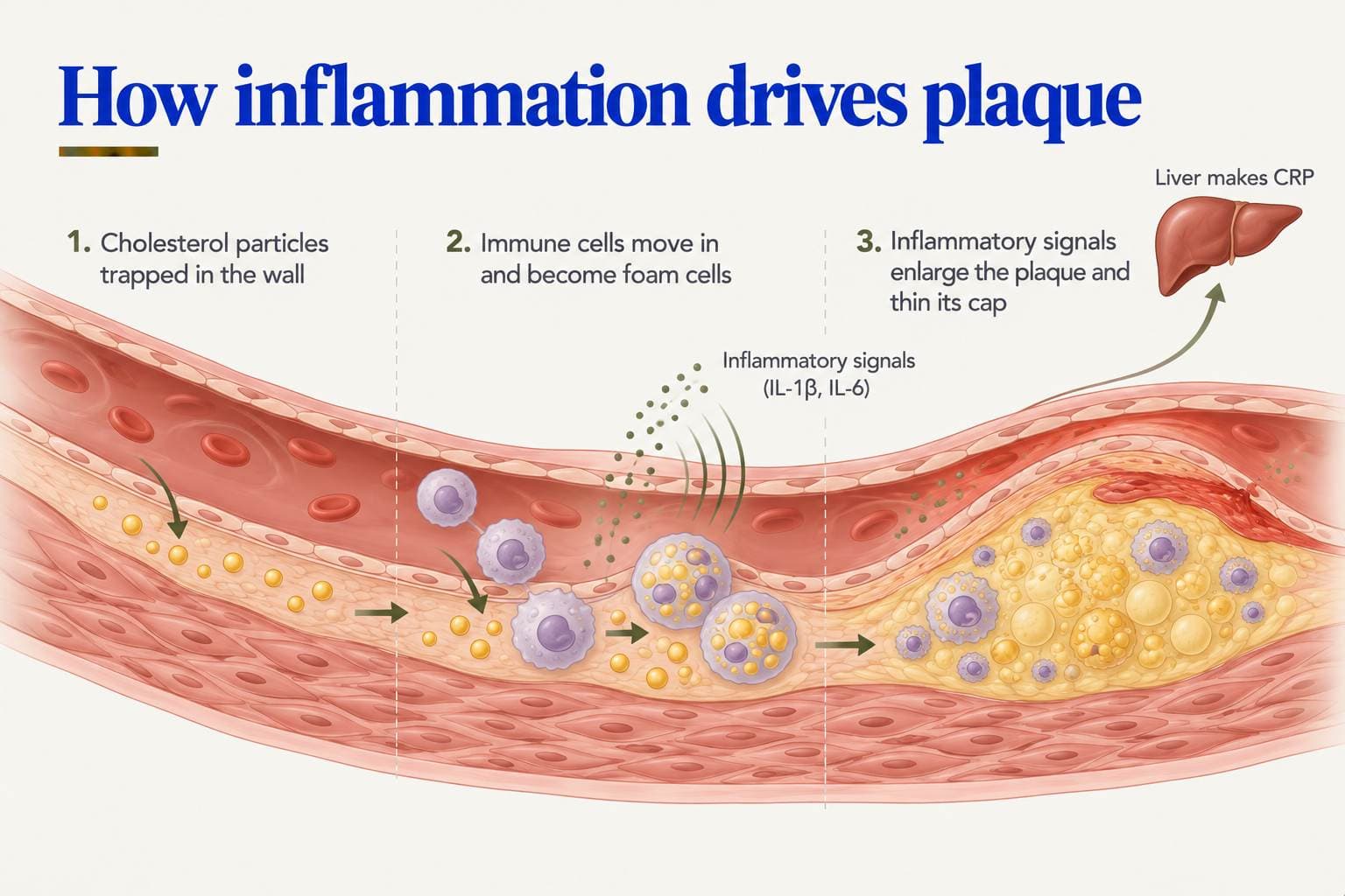 Artery cross-section diagram, how inflammation drives plaque: 1. cholesterol particles are trapped in the wall; 2. immune cells move in and become foam cells, releasing inflammatory signals (IL-1β, IL-6) that prompt the liver to make CRP; 3. inflammatory signals enlarge the plaque and thin its cap