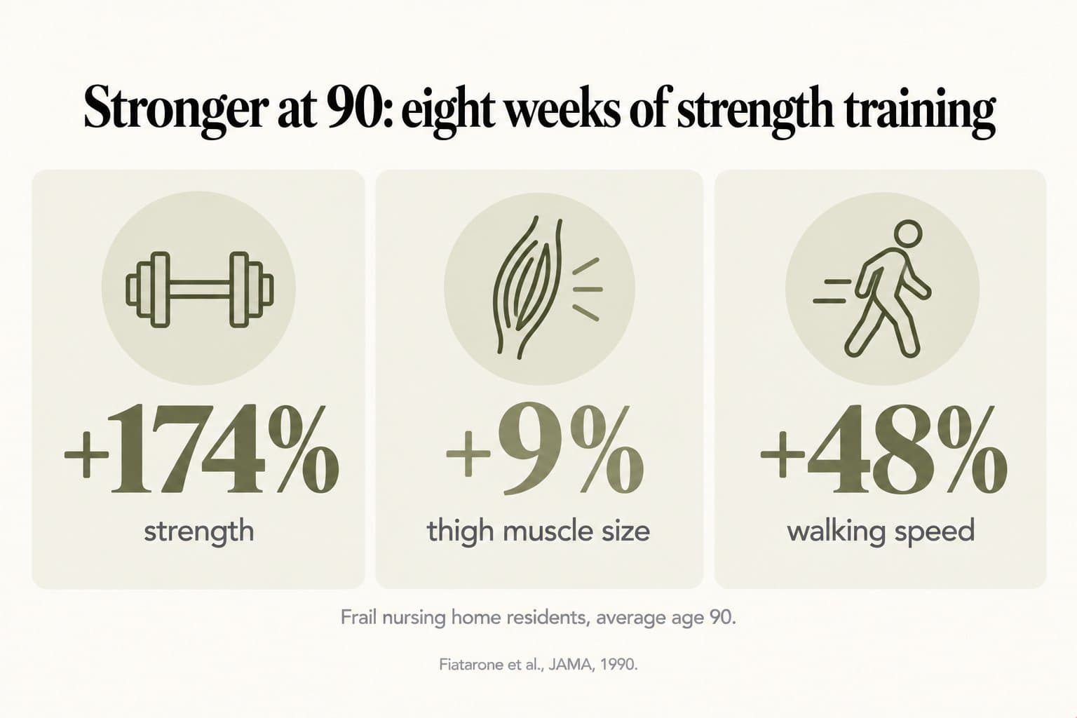Stat tiles, stronger at 90: after eight weeks of strength training, strength rose 174%, thigh muscle size 9% and walking speed 48% in frail nursing home residents with an average age of 90 (Fiatarone et al., JAMA, 1990)