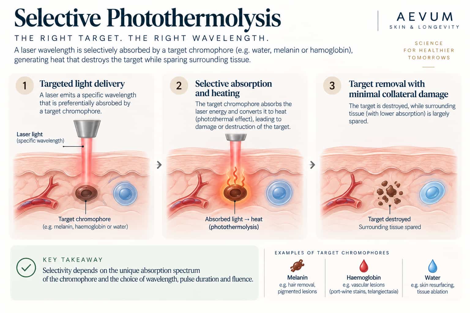 A diagram illustrating selective photothermolysis — a laser wavelength selectively absorbed by a target chromophore (water, melanin, or haemoglobin) while sparing surrounding tissue