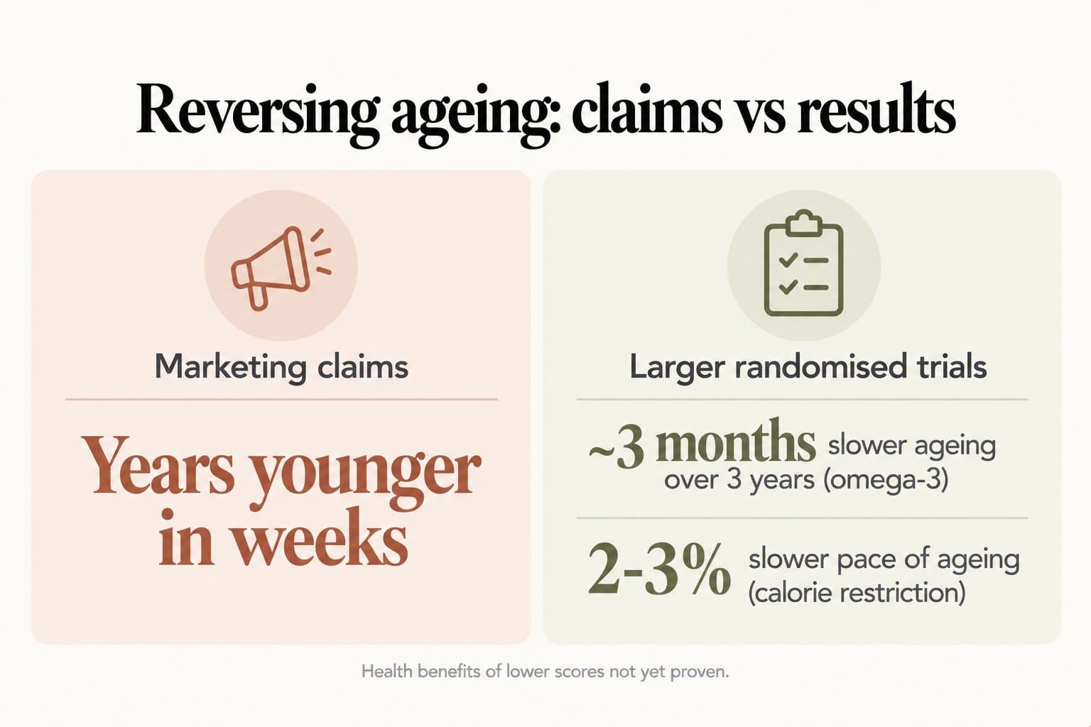 Comparison, reversing ageing: claims vs results. Marketing claims promise years younger in weeks; larger randomised trials show about 3 months slower ageing over 3 years with omega-3 and a 2-3% slower pace of ageing with calorie restriction; health benefits of lower scores not yet proven