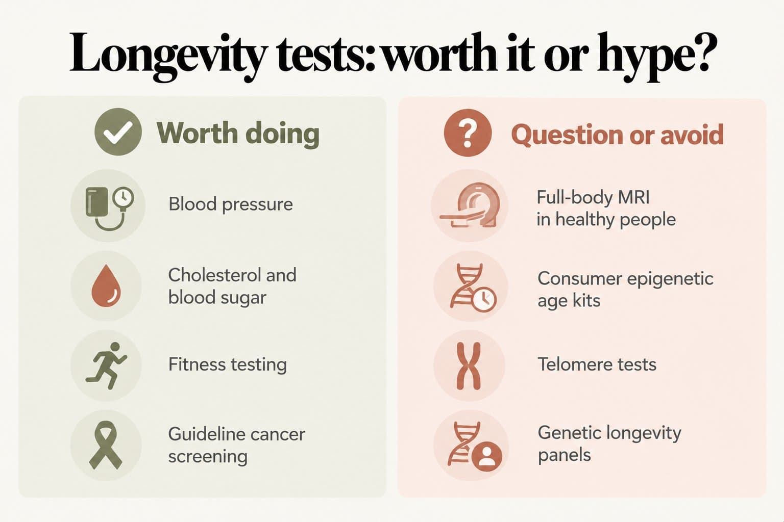 Two-column infographic, longevity tests: worth it or hype? Worth doing: blood pressure, cholesterol and blood sugar, fitness testing and guideline cancer screening. Question or avoid: full-body MRI in healthy people, consumer epigenetic age kits, telomere tests and genetic longevity panels