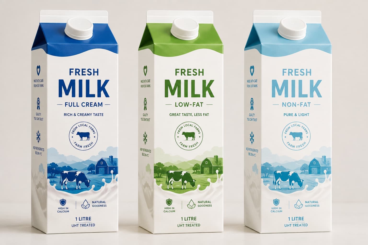 Full cream, low-fat, and non-fat fresh milk cartons